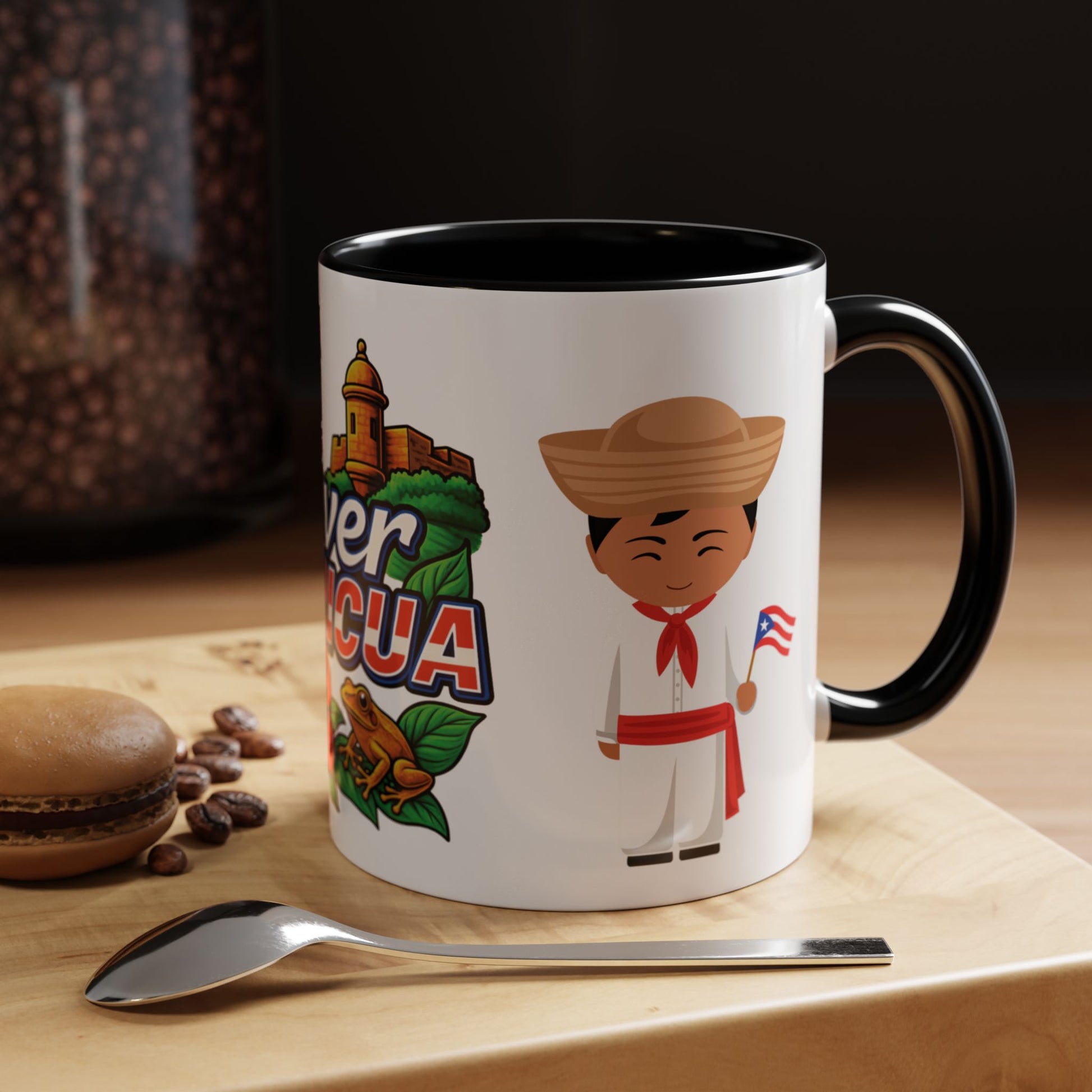 TAZA CUP COFFEE MUG PUERTO RICO CON EL MORRO COQUI FLOR DE MAGA JIBARITOS 4EVERBORICUA NEGRA