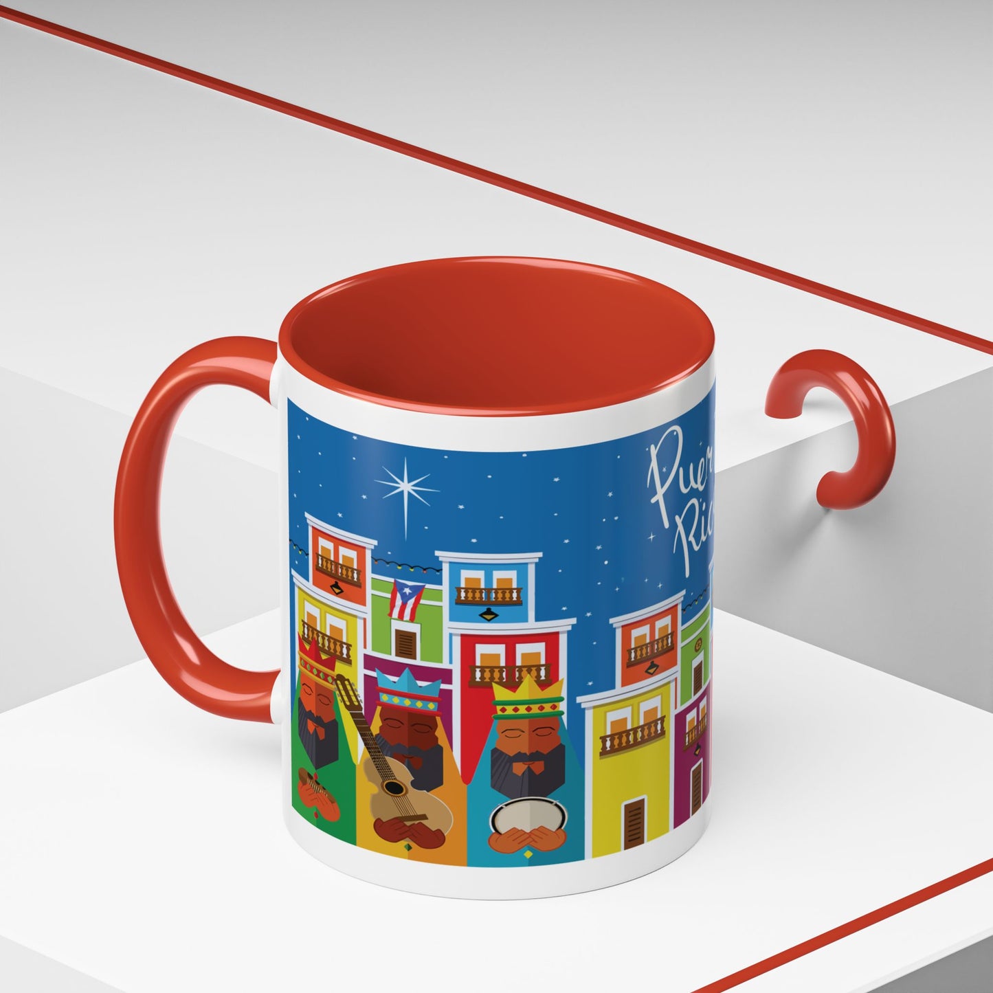 TAZA DE LOS TRES REYES MAGOS EN LA CIUDAD DE SAN JUAN PUERTO RICO. COLORIDA. ASA Y FONDO ROJO. THREE KINGS MUGS.