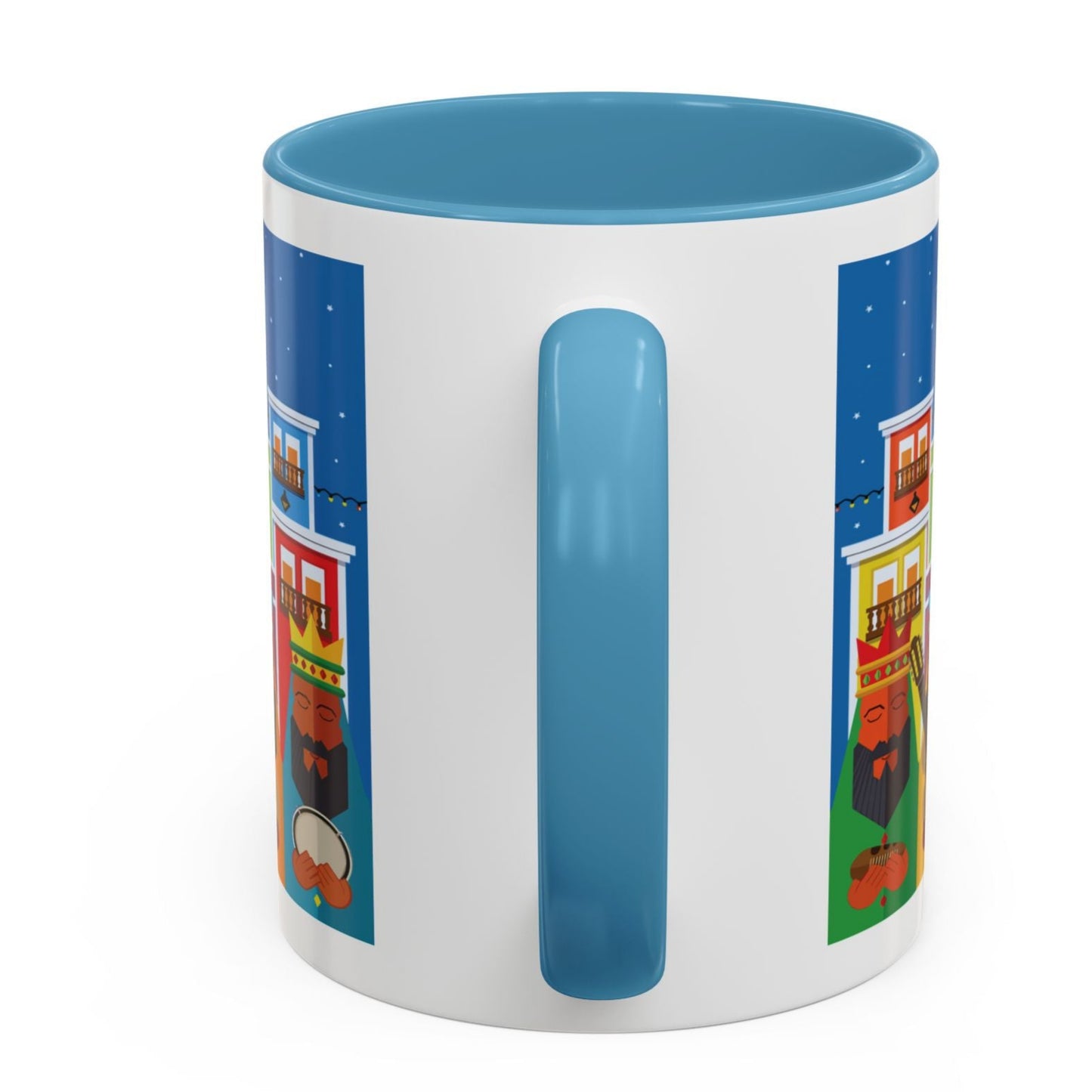 TAZA DE LOS TRES REYES MAGOS EN LA CIUDAD DE SAN JUAN PUERTO RICO. COLORIDA. ASA Y FONDO AZUL. THREE KINGS MUGS.