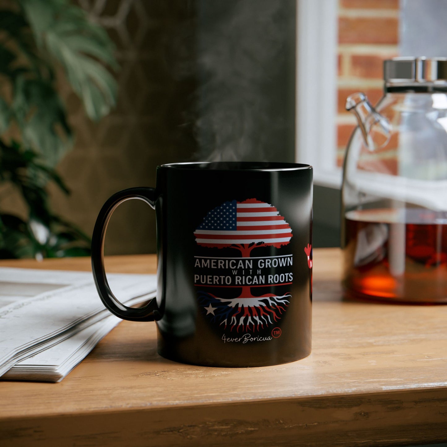 Taza “American Grown with Puerto Rican Roots” | Orgullo Boricua 🇵🇷 | 11oz Cerámica Negra – 4everBoricua