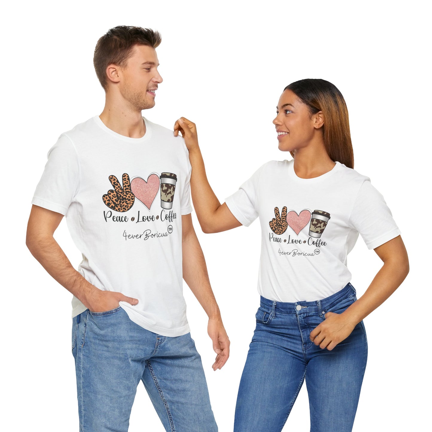 CAMISETA PR UNISEX PEACE, LOVE AND COFFEE T-SHIRT | 4EVERBORICUA