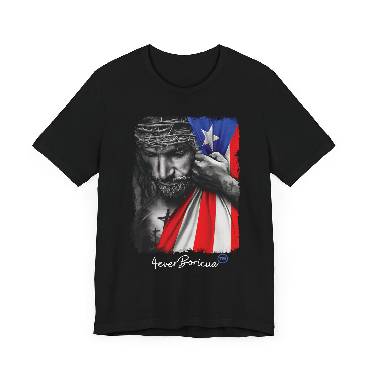 CAMISETAS PR UNISEX JESUS CON BANDERA BORICUA T-SHIRT | 4EVERBORICUA
