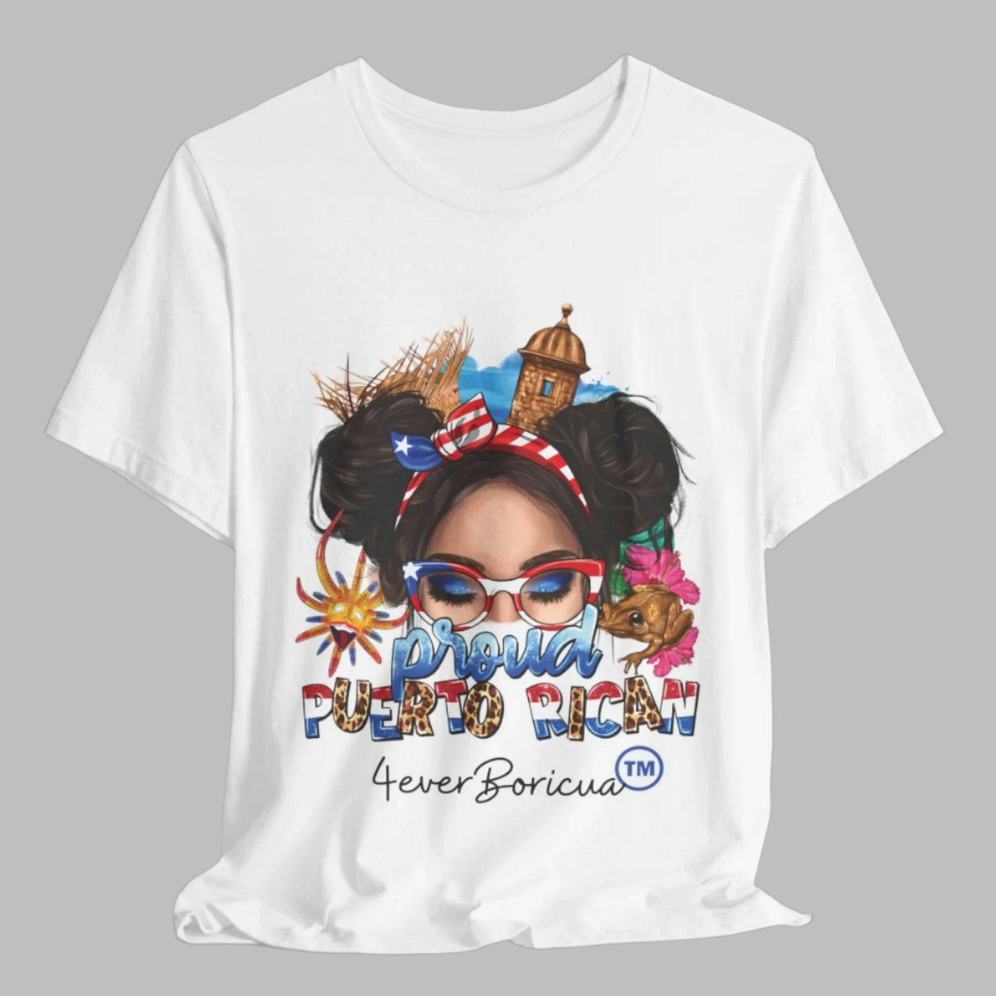 PROUD PUERTO RICAN SHIRT CAMISETA PUERO RICO CON ELEMENTOS BORICUAS PAVA EL MORRO VEJIGANTE COQUI