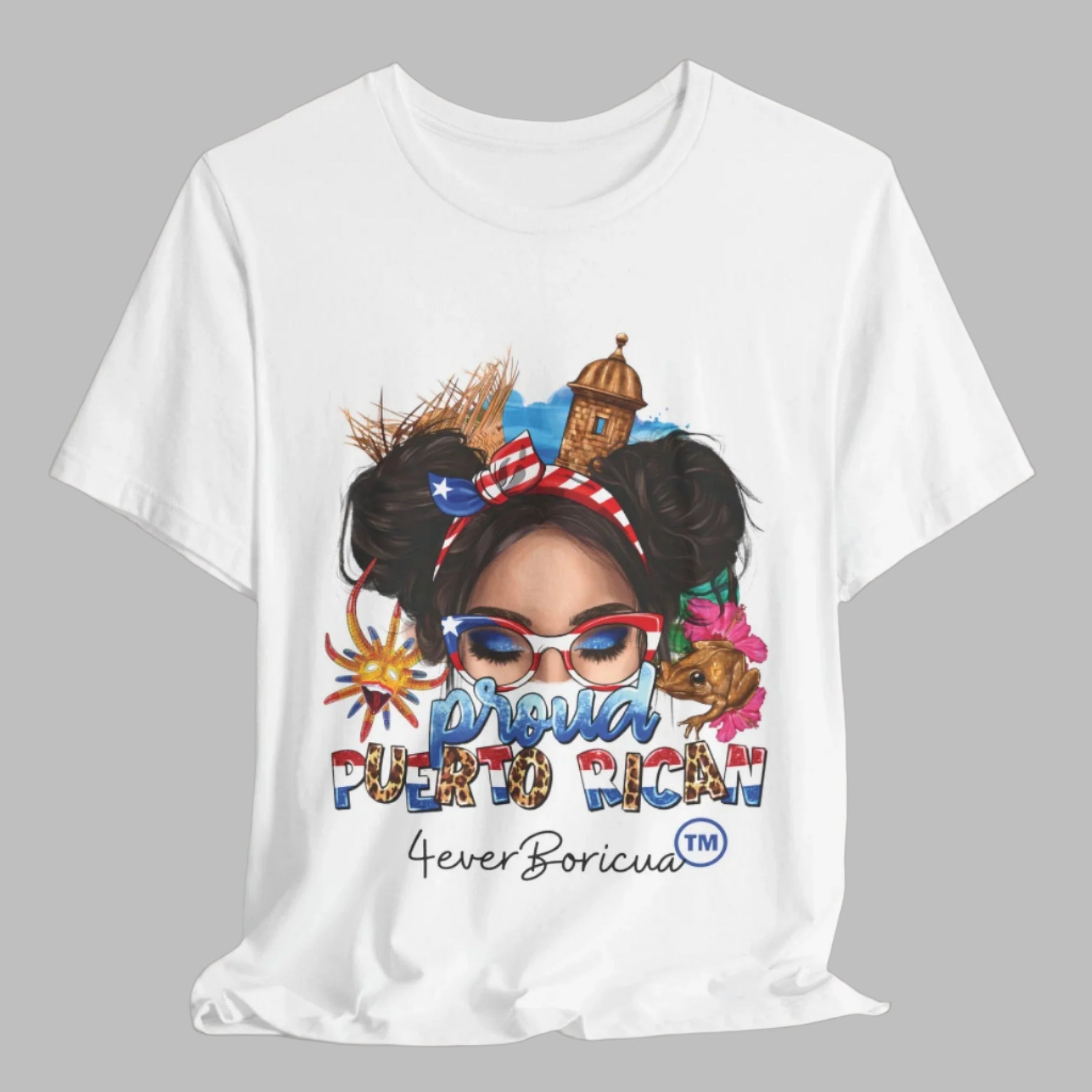 PROUD PUERTO RICAN SHIRT CAMISETA PUERO RICO CON ELEMENTOS BORICUAS PAVA EL MORRO VEJIGANTE COQUI