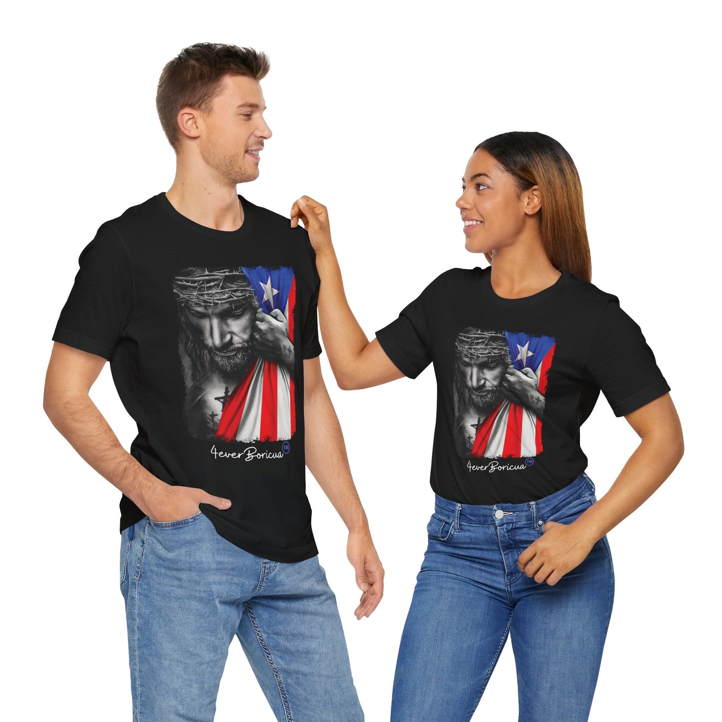 CAMISETAS PR UNISEX JESUS CON BANDERA BORICUA T-SHIRT | 4EVERBORICUA