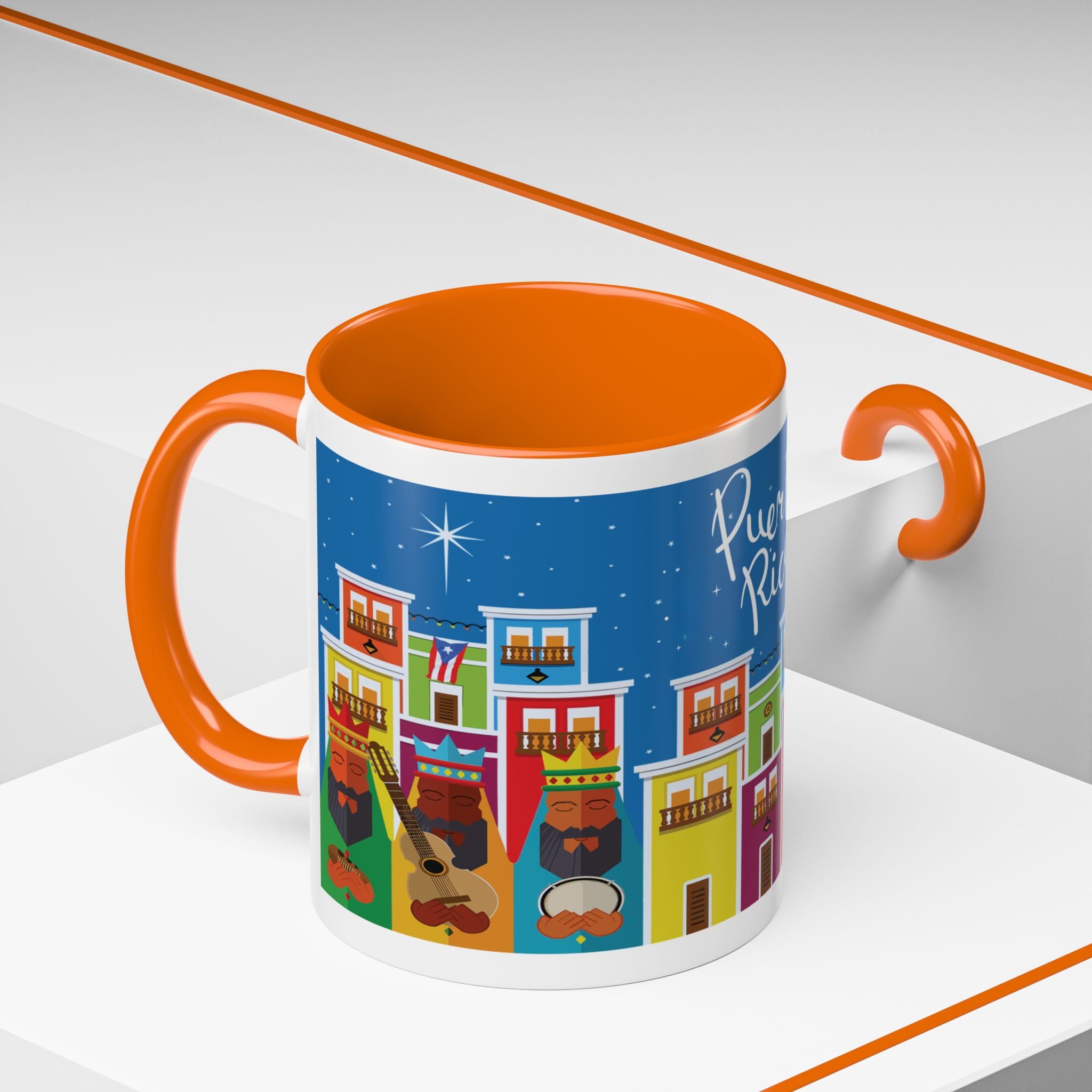 TAZA DE LOS TRES REYES MAGOS EN LA CIUDAD DE SAN JUAN PUERTO RICO. COLORIDA. ASA Y FONDO COLOR NARANJA (ORANGE). THREE KINGS MUGS.