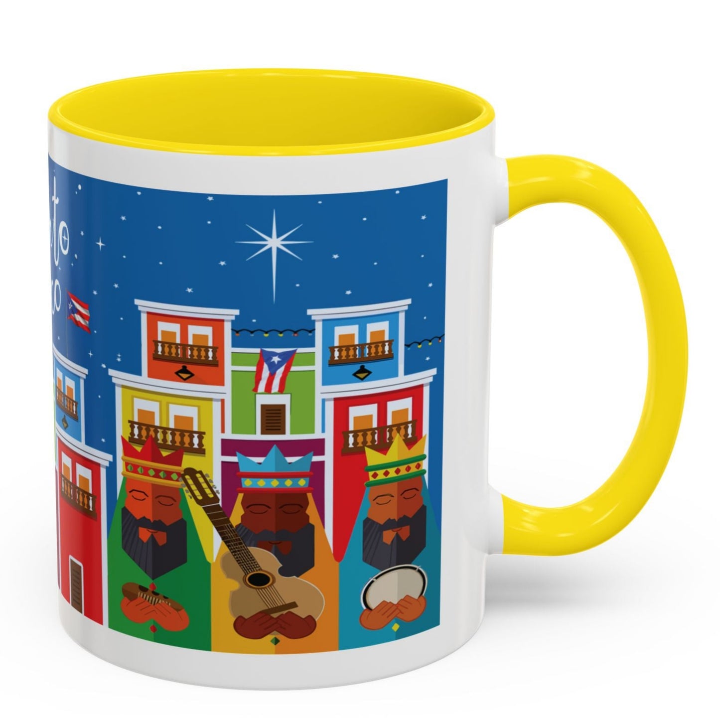 TAZA DE LOS TRES REYES MAGOS EN LA CIUDAD DE SAN JUAN PUERTO RICO. COLORIDA. ASA Y FONDO COLOR AMARILLO.THREE KINGS MUGS.