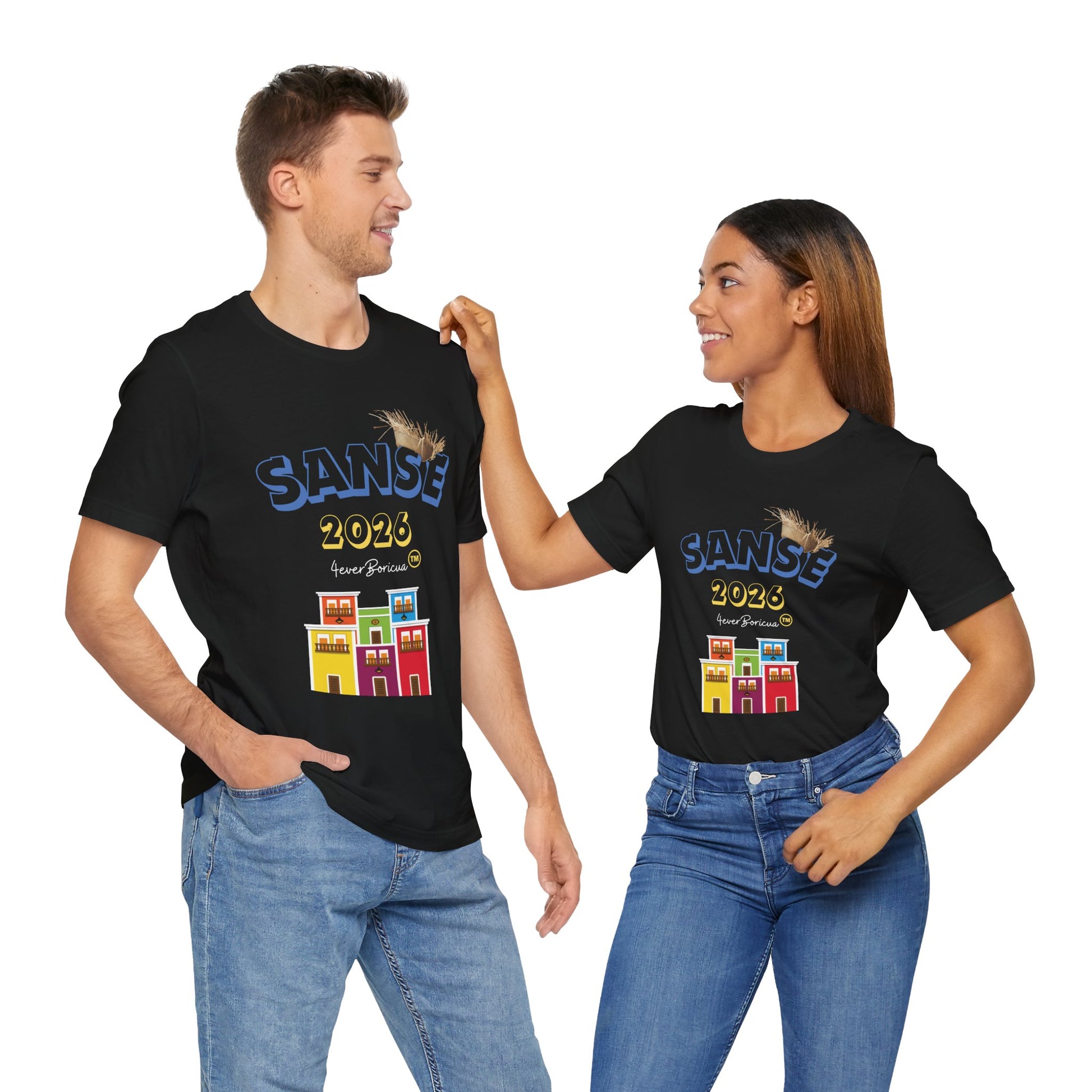 CAMISETA UNISEX NEGRA FIESTAS DE LA SANSE 2023 CON PAVA Y CASITAS DEL IEJO SAN JUAN