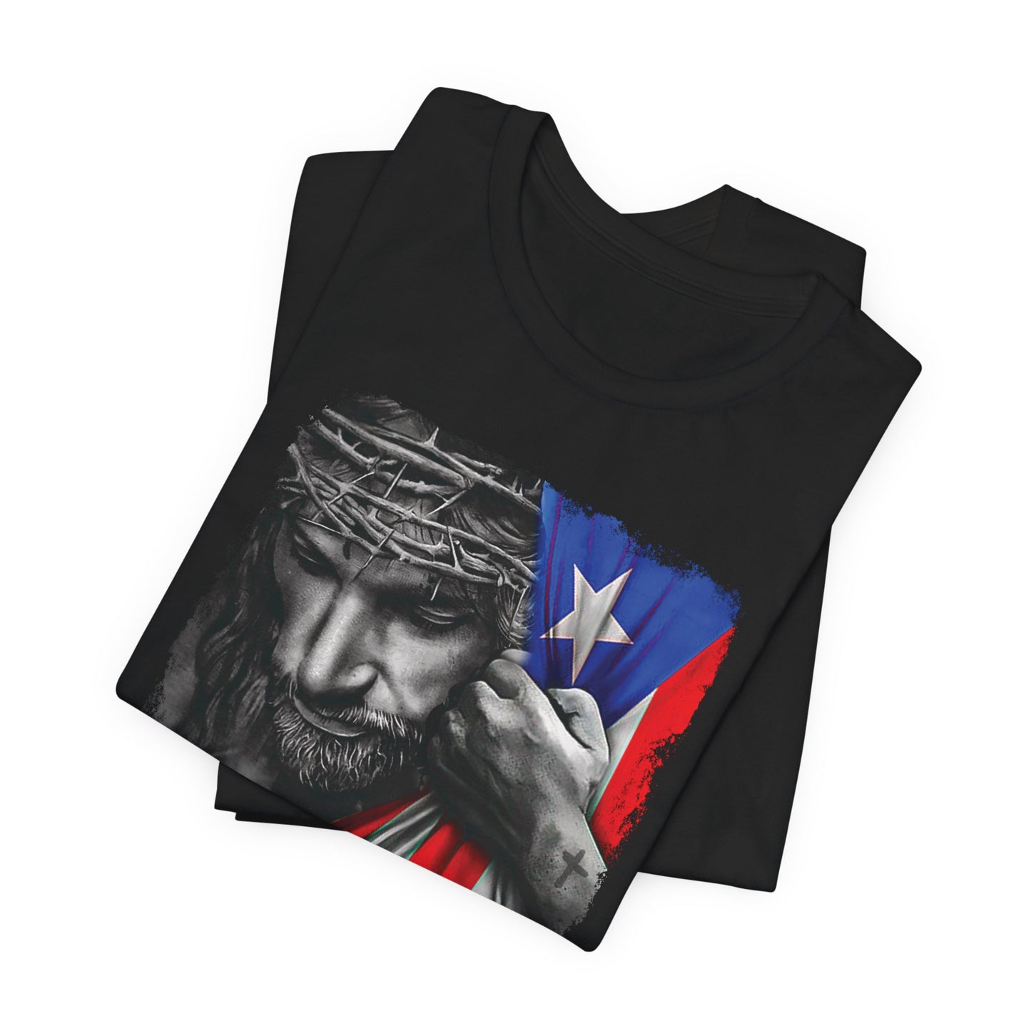 CAMISETAS PR UNISEX JESUS CON BANDERA BORICUA T-SHIRT | 4EVERBORICUA