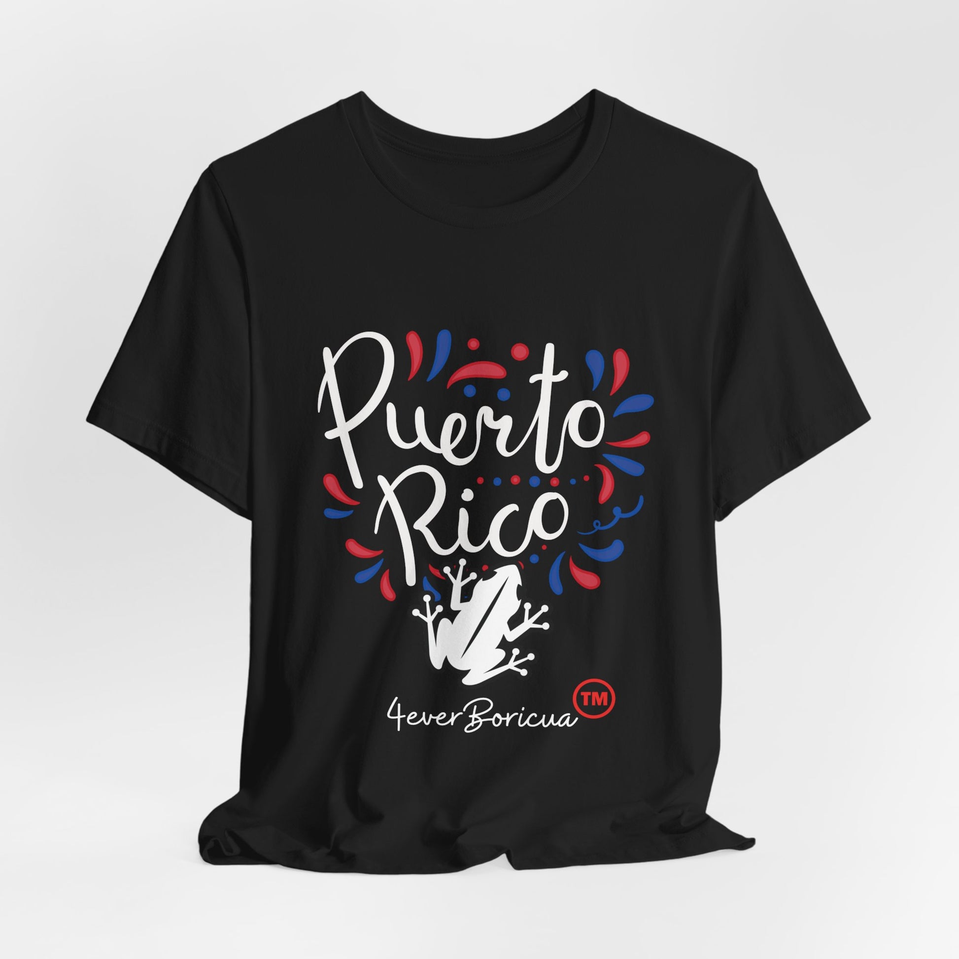 CAMISETA NEGRA PUERTO RICO PR SHIRT CON COQUI EN BLANCO Y 4EVERBORICUA