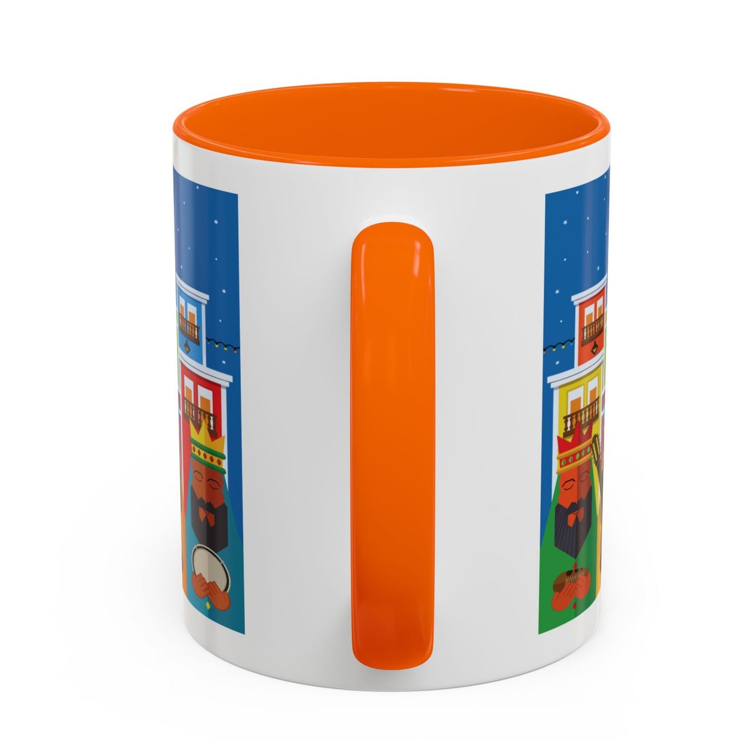 TAZA DE LOS TRES REYES MAGOS EN LA CIUDAD DE SAN JUAN PUERTO RICO. COLORIDA. ASA Y FONDO COLOR NARANJA (ORANGE). THREE KINGS MUGS.