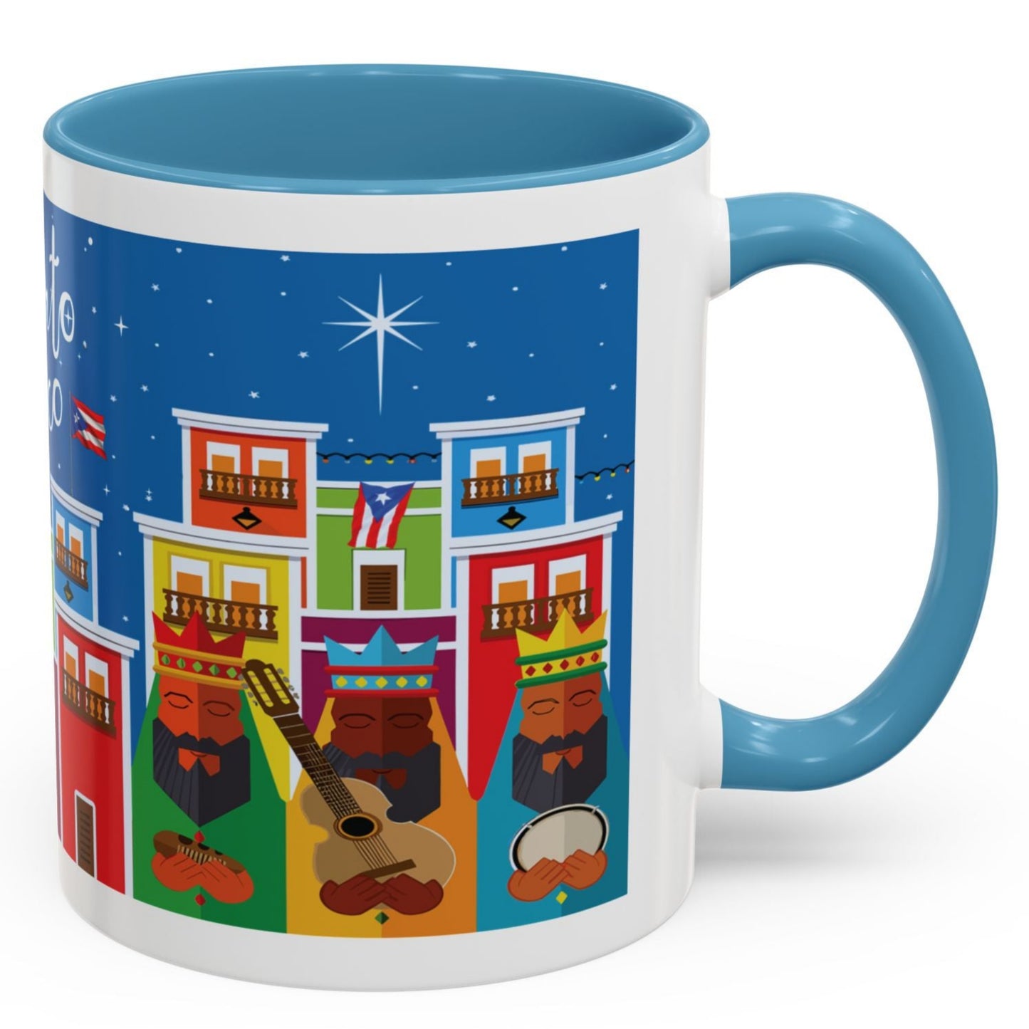 TAZA DE LOS TRES REYES MAGOS EN LA CIUDAD DE SAN JUAN PUERTO RICO. COLORIDA. ASA Y FONDO AZUL. THREE KINGS MUGS.