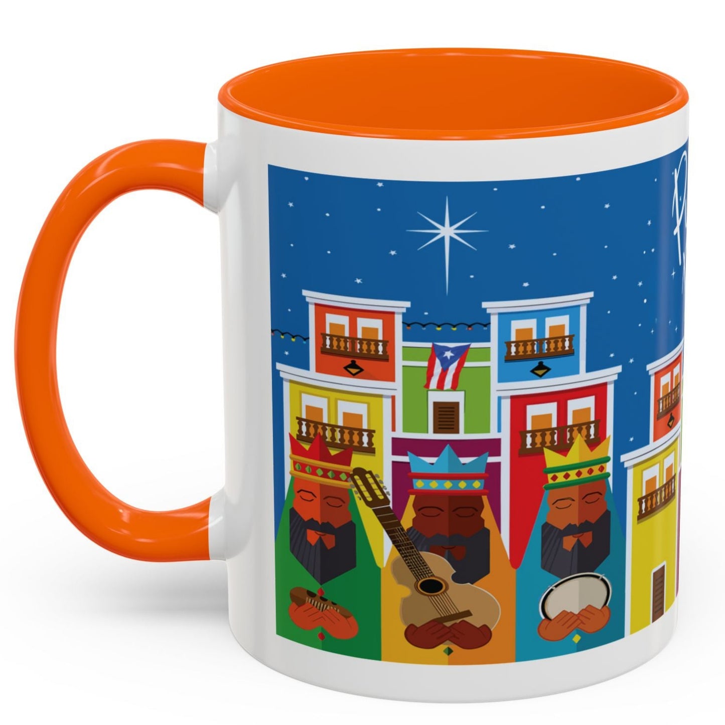 TAZA DE LOS TRES REYES MAGOS EN LA CIUDAD DE SAN JUAN PUERTO RICO. COLORIDA. ASA Y FONDO COLOR NARANJA (ORANGE). THREE KINGS MUGS.