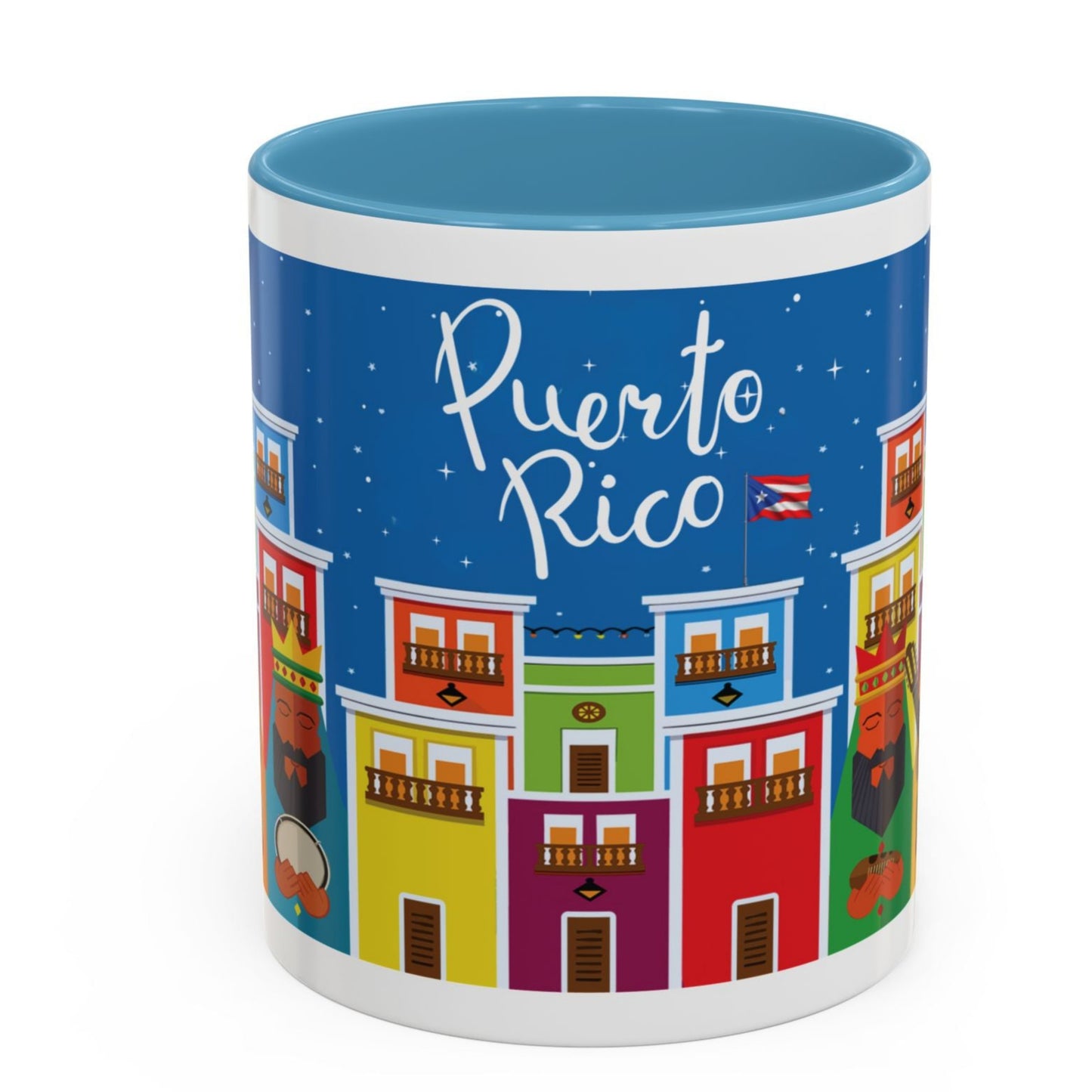 TAZA DE LOS TRES REYES MAGOS EN LA CIUDAD DE SAN JUAN PUERTO RICO. COLORIDA. ASA Y FONDO AZUL. THREE KINGS MUGS.
