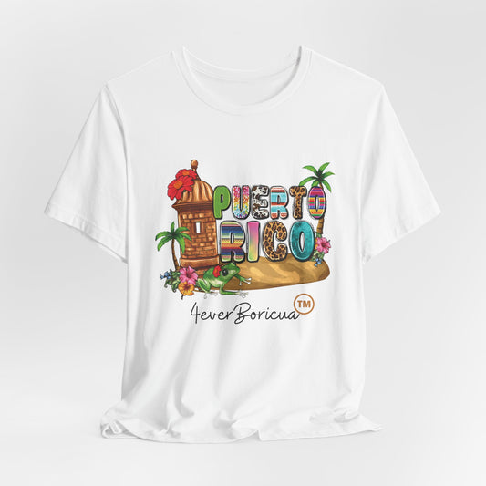 CAMISETA PR PUERTO RICO BLANCA 4EVERBORICUA CON LETRAS EN COLORES DE PUERTO RICO EL MORRO, FLOR Y COQUI UNISEX