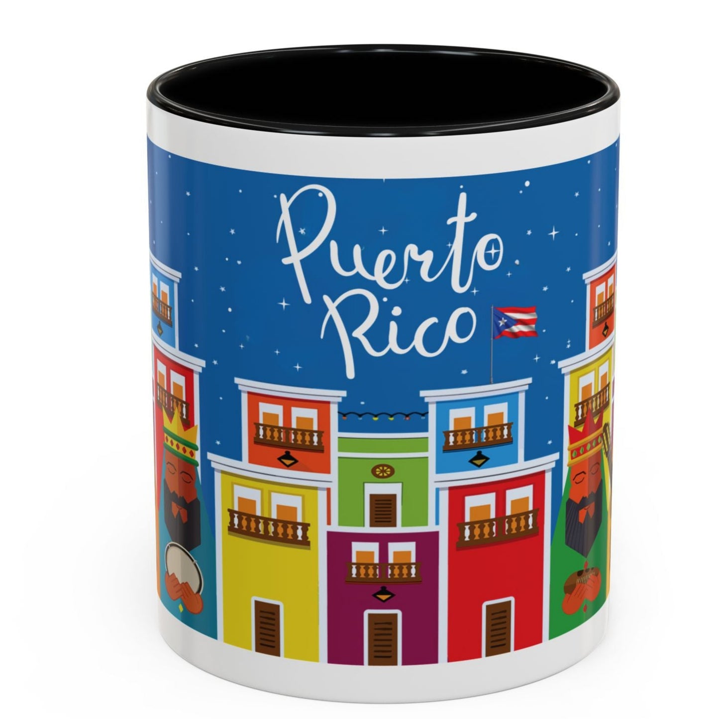 TAZA DE LOS TRES REYES MAGOS EN LA CIUDAD DE SAN JUAN PUERTO RICO. COLORIDA. ASA Y FONDO NEGRO. THREE KINGS MUGS.