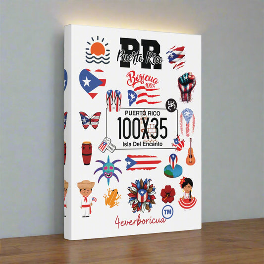 CUADRO HOMENAJE A PUERTO RICO. UN COLLAGE DE HERMOSOS ELEMENTOS BORICUAS IMPRESOS EN UN CANVA 16X20 LISTO PARA COLGAR.