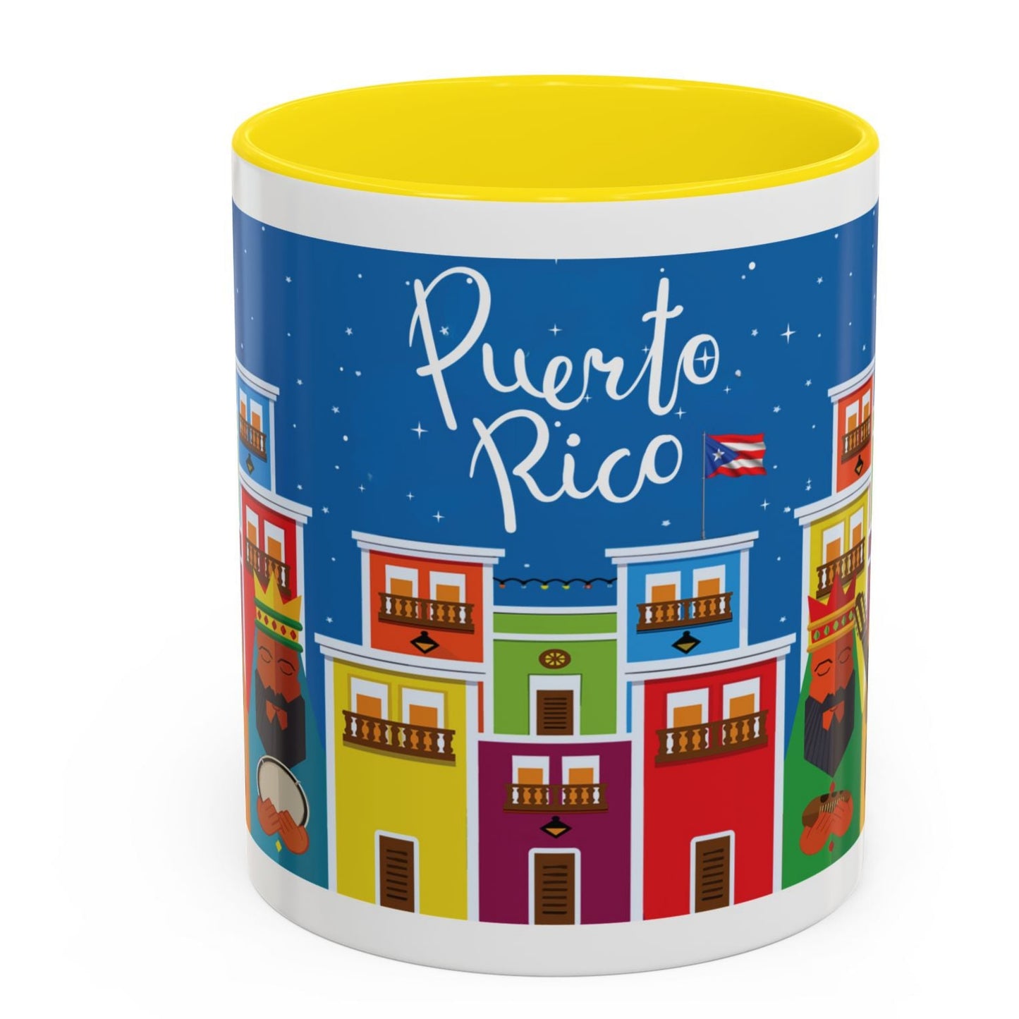 TAZA DE LOS TRES REYES MAGOS EN LA CIUDAD DE SAN JUAN PUERTO RICO. COLORIDA. ASA Y FONDO AMARILLO. THREE KINGS MUGS.