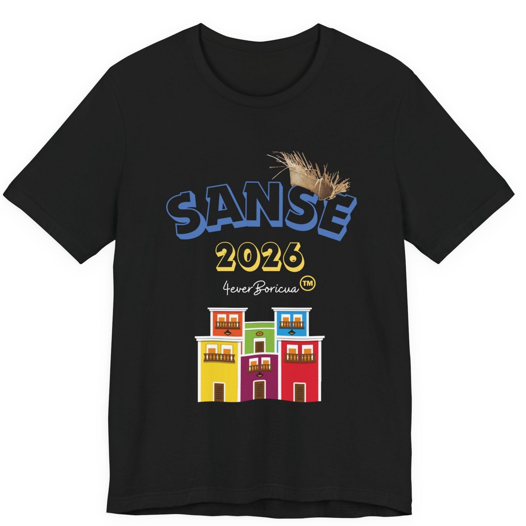 CAMISETA UNISEX NEGRA FIESTAS DE LA SANSE 2023 CON PAVA Y CASITAS DEL IEJO SAN JUAN