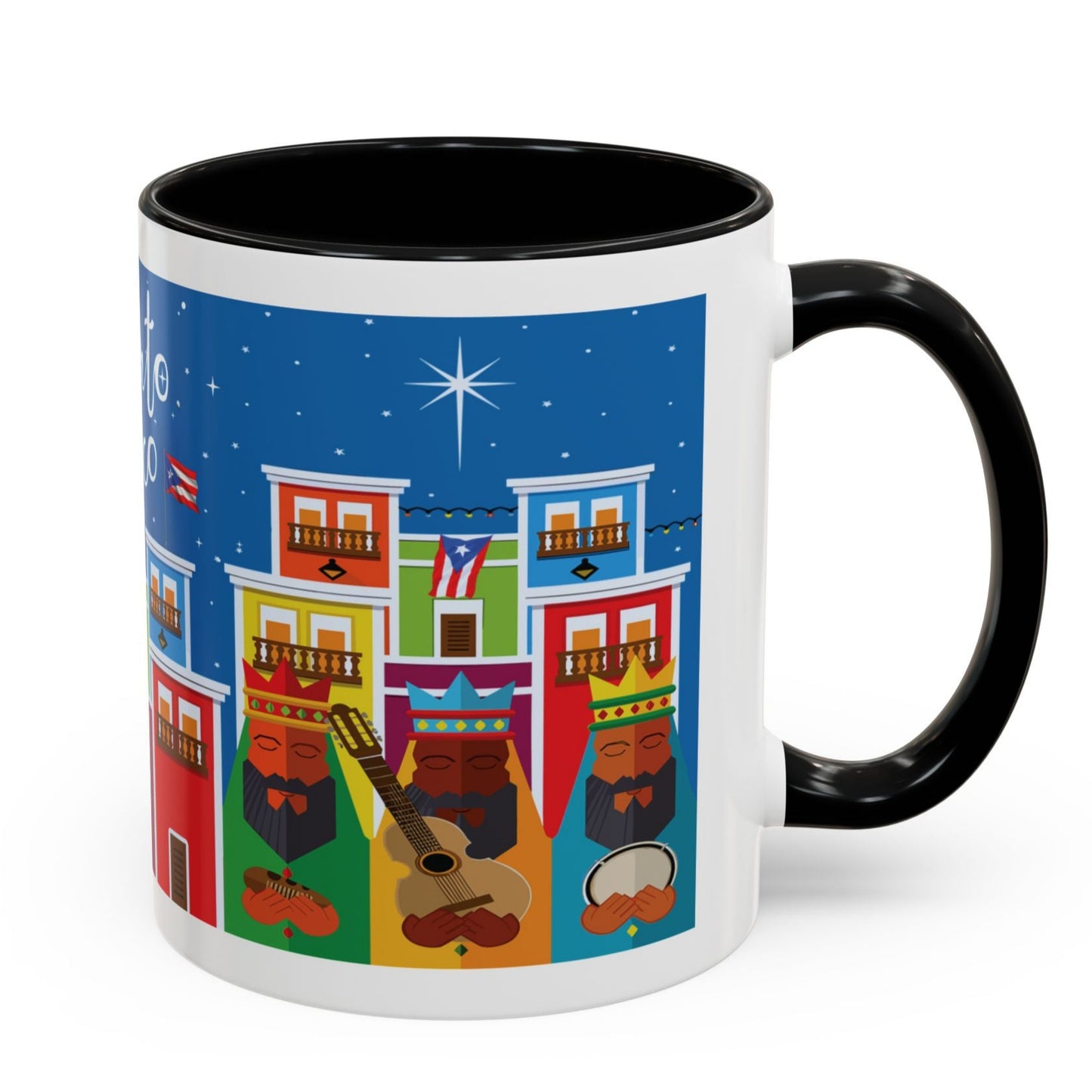 TAZA DE LOS TRES REYES MAGOS EN LA CIUDAD DE SAN JUAN PUERTO RICO. COLORIDA. ASA Y FONDO NEGRO. THREE KINGS MUGS.