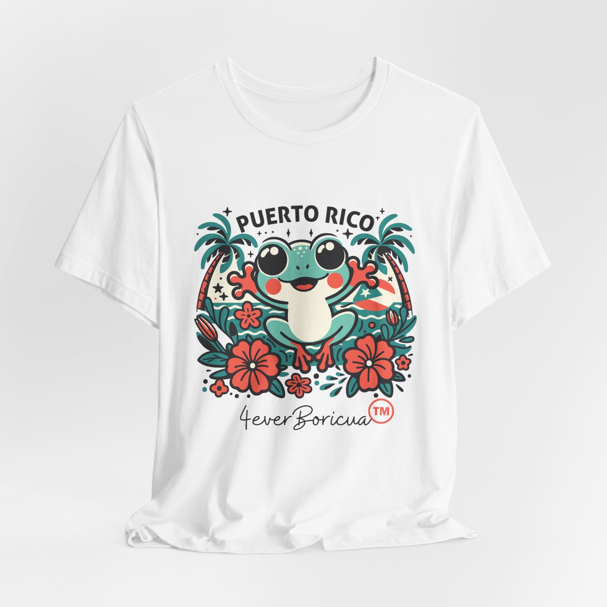 CAMISETA PR PUERTO RICO BLANCA UNISEX 4EVERBORICUA COQUI FLOR PALMERAS WHITE