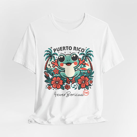 CAMISETA PR PUERTO RICO BLANCA UNISEX 4EVERBORICUA COQUI FLOR PALMERAS WHITE