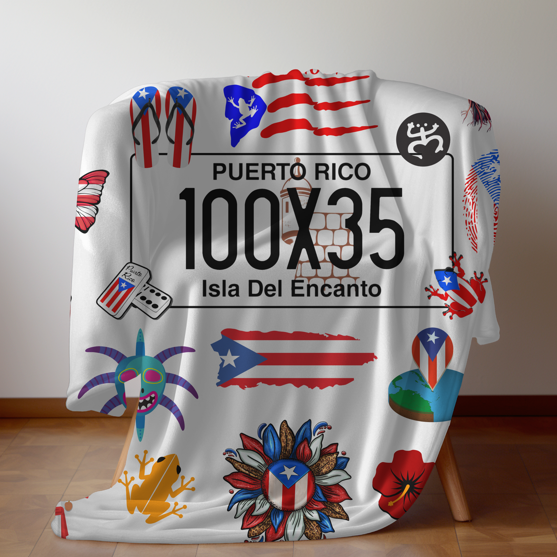 PUERTO RICO BLANKET FRAZADA CON ELEMENTOS BORICUAS. DISPONIBLE 50X60 Y 60X80.
