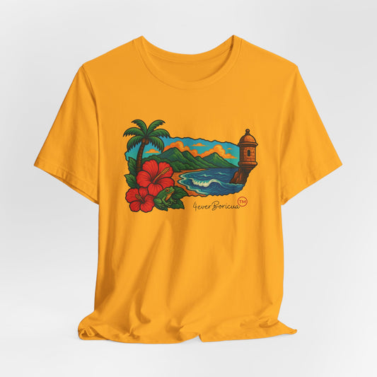 CAMISETA PR PUERTO RICO UNISEX COLORIDA ISLA EL MORRO FLORES 4EVERBORICUA
