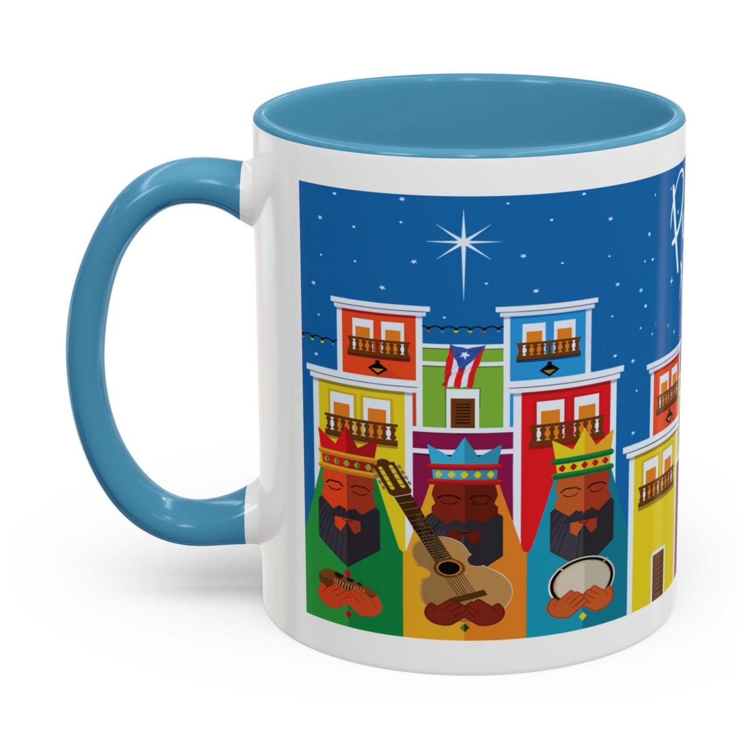 TAZA DE LOS TRES REYES MAGOS EN LA CIUDAD DE SAN JUAN PUERTO RICO. COLORIDA. ASA Y FONDO AZUL. THREE KINGS MUGS.