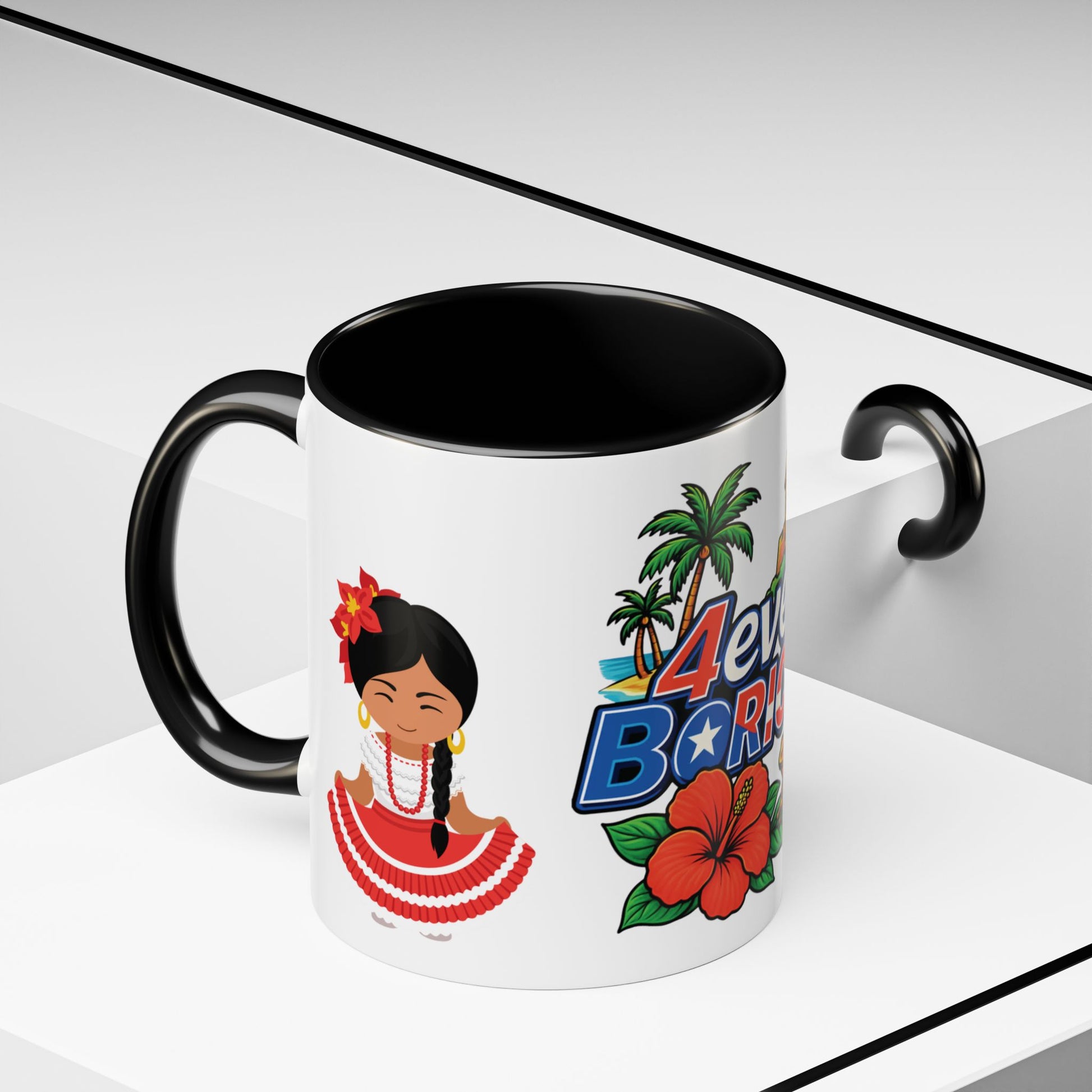 TAZA CUP COFFEE MUG PUERTO RICO CON EL MORRO COQUI FLOR DE MAGA JIBARITOS 4EVERBORICUA NEGRA