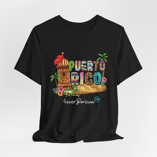 CAMISETA PR PUERTO RICO NEGRA 4EVERBORICUA CON EL MORRO, COQUI, FLOR Y PUERTO RICO EN COLORES
