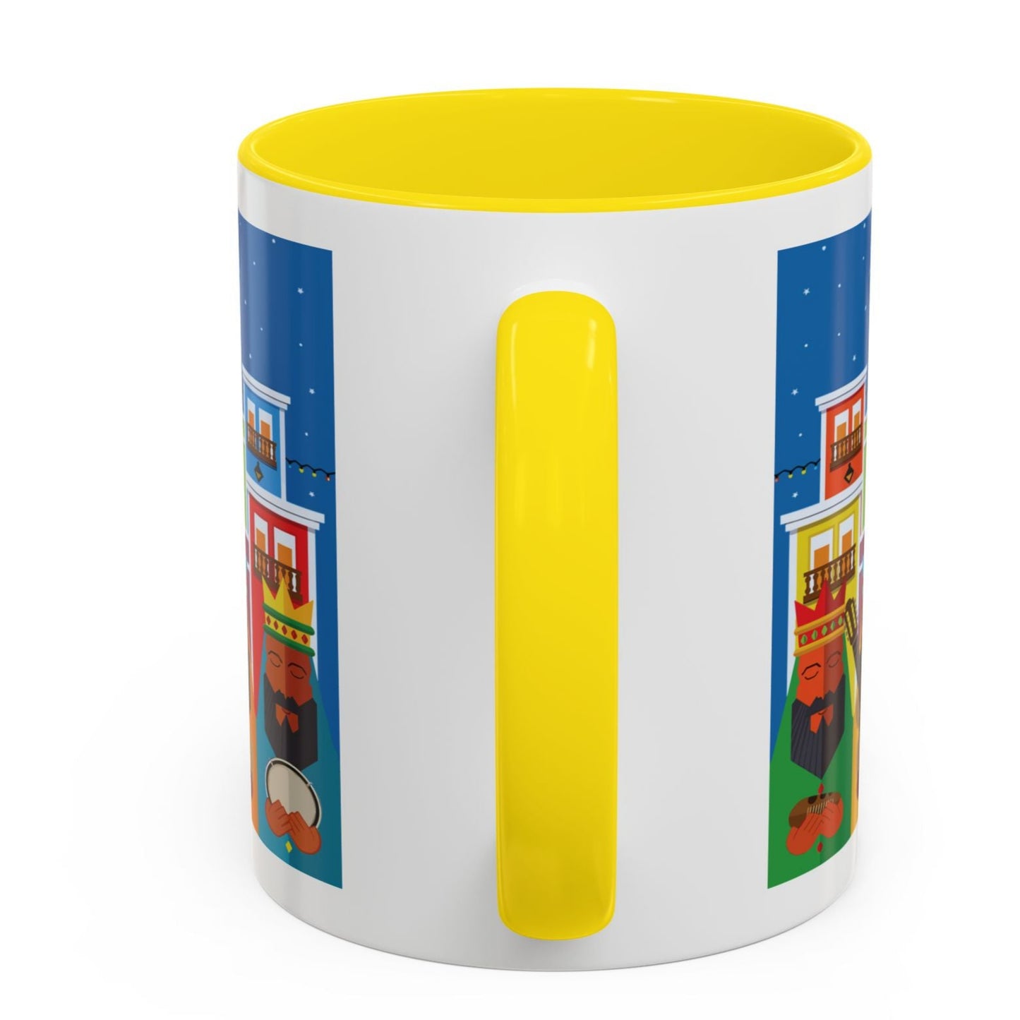 TAZA DE LOS TRES REYES MAGOS EN LA CIUDAD DE SAN JUAN PUERTO RICO. COLORIDA. ASA Y FONDO COLOR AMARILLO.THREE KINGS MUGS.