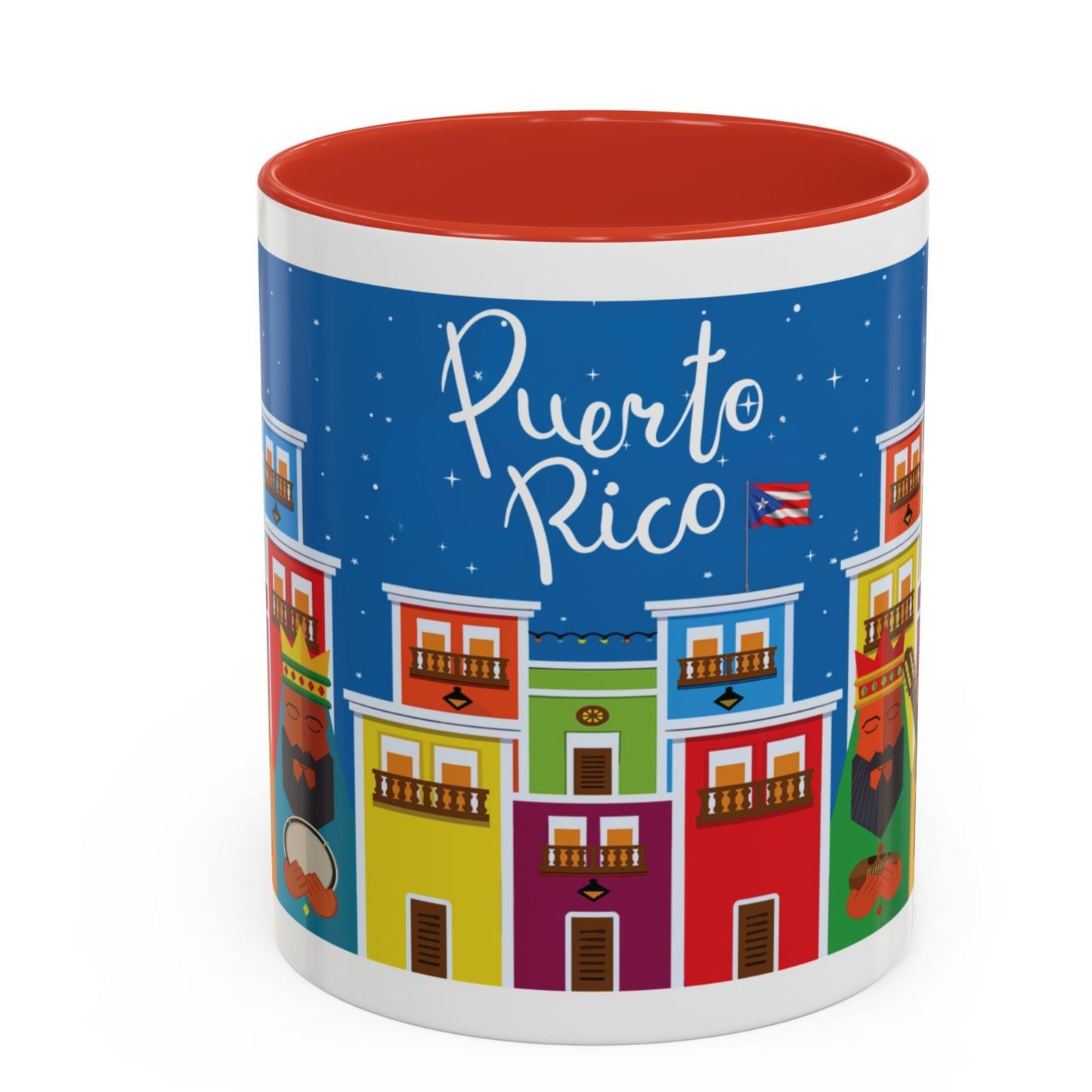 TAZA DE LOS TRES REYES MAGOS EN LA CIUDAD DE SAN JUAN PUERTO RICO. COLORIDA. ASA Y FONDO ROJO. THREE KINGS MUGS.