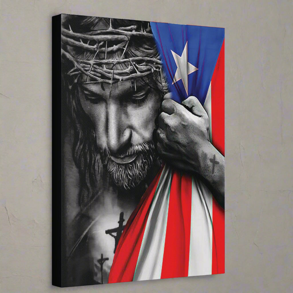 CUADRO WALL CANVAS DE PUERTO RICO MOSTRANDO A JESUS ABRAZANDO LA BANDERA DE PR. TAMANO 16X20. LISTO PARA COLGAR.