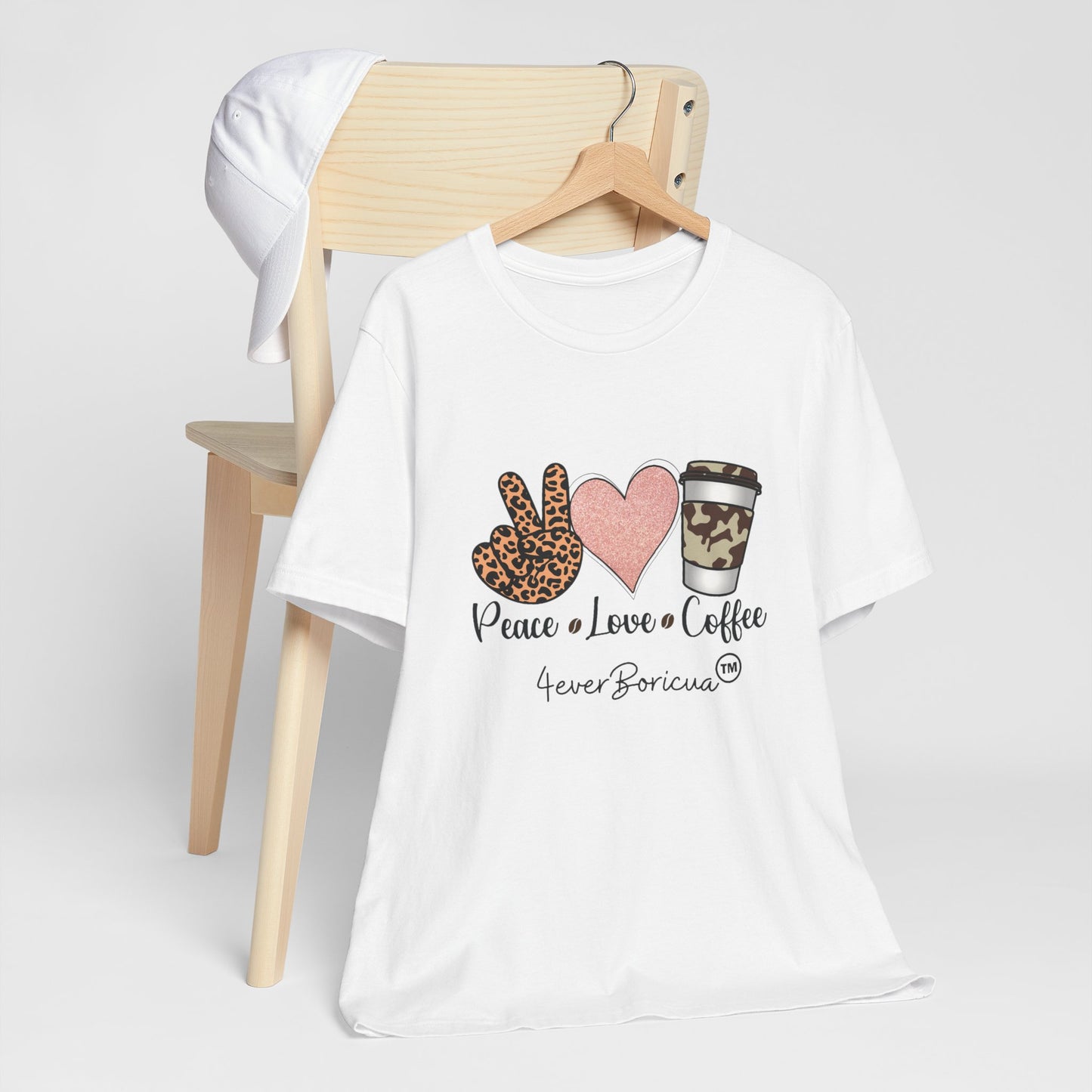 CAMISETA PR UNISEX PEACE, LOVE AND COFFEE T-SHIRT | 4EVERBORICUA