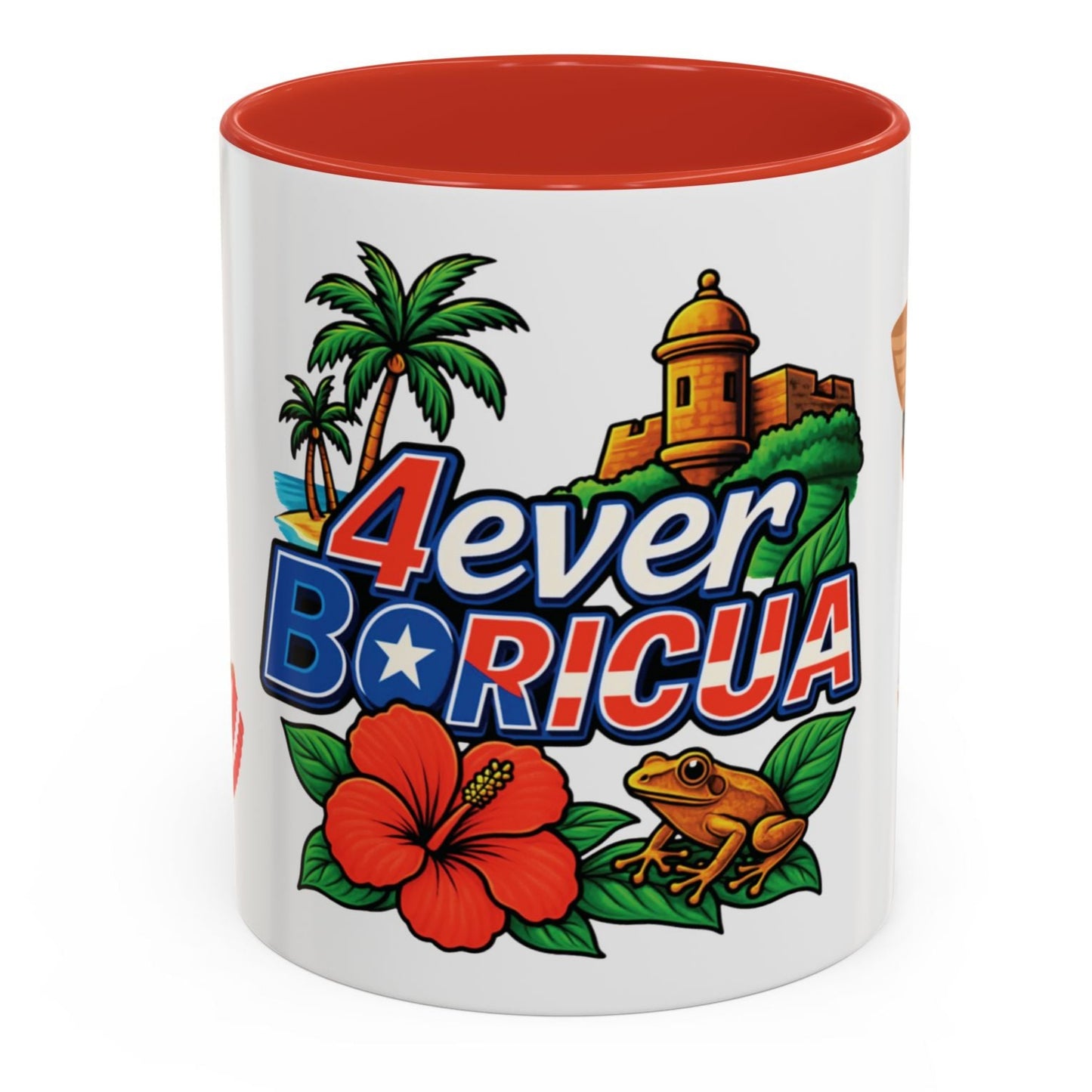 TAZA CUP COFFEE MUG PUERTO RICO CON EL MORRO COQUI FLOR DE MAGA JIBARITOS 4EVERBORICUA ROJA