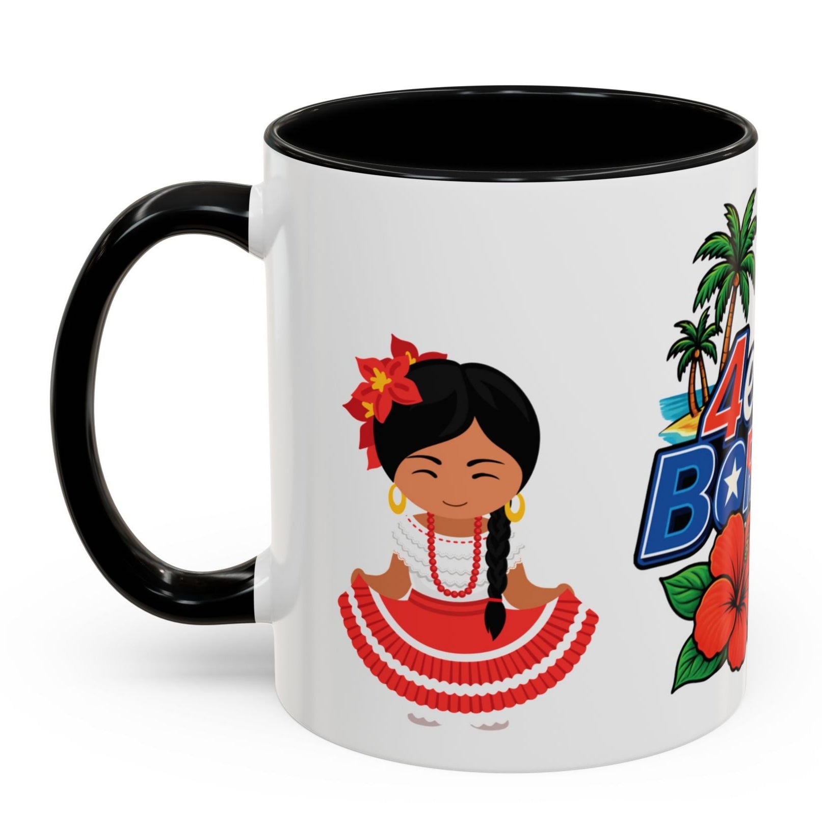 TAZA CUP COFFEE MUG PUERTO RICO CON EL MORRO COQUI FLOR DE MAGA JIBARITOS 4EVERBORICUA NEGRA