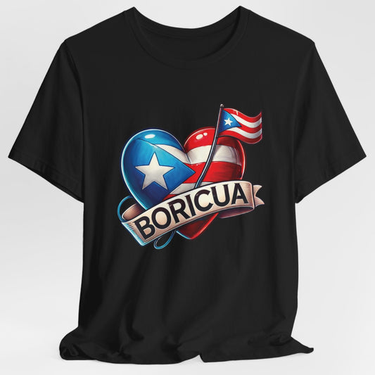 CAMISETAS PR CORAZON Y BANDERA BORICUA SHIRTS NEGRA | 4EVERBORICUA