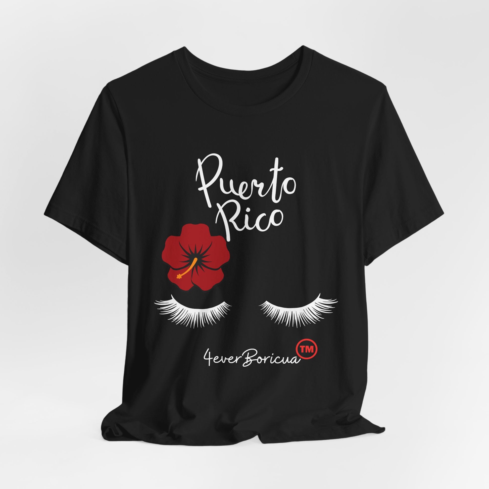 CAMISETA PR PUERTO RICO SHIRT NEGRA UNISEX BLACK FLOWER EYE LASHES PESTAÑAS FLOR