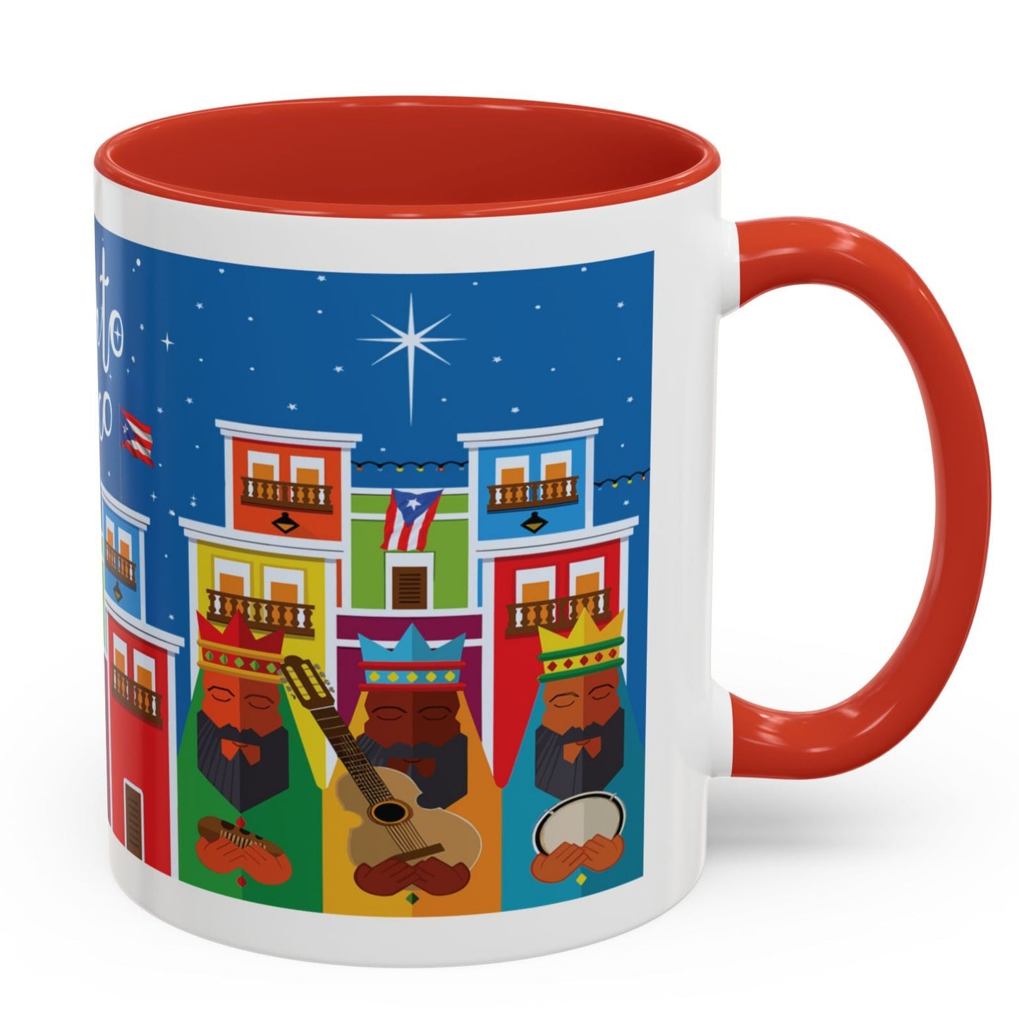 TAZA DE LOS TRES REYES MAGOS EN LA CIUDAD DE SAN JUAN PUERTO RICO. COLORIDA. ASA Y FONDO ROJO. THREE KINGS MUGS.