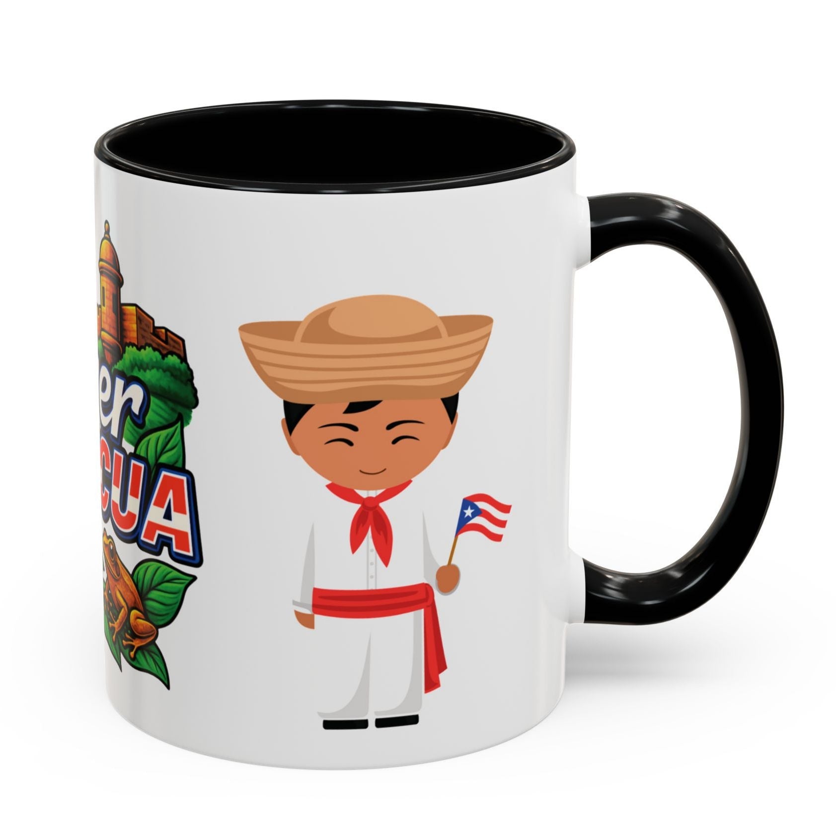 TAZA CUP COFFEE MUG PUERTO RICO CON EL MORRO COQUI FLOR DE MAGA JIBARITOS 4EVERBORICUA NEGRA