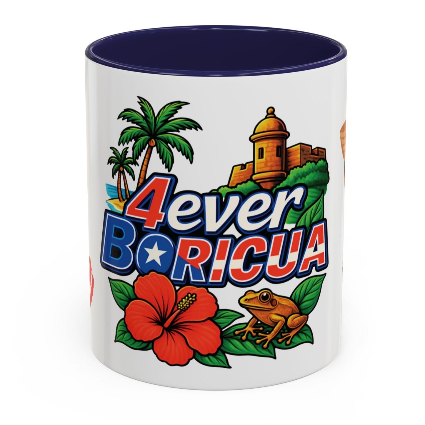 TAZA CUP COFFEE MUG PUERTO RICO CON EL MORRO COQUI FLOR DE MAGA JIBARITOS 4EVERBORICUA NAVY