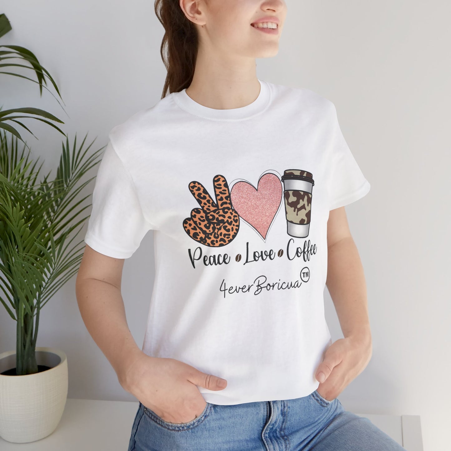 CAMISETA PR UNISEX PEACE, LOVE AND COFFEE T-SHIRT | 4EVERBORICUA