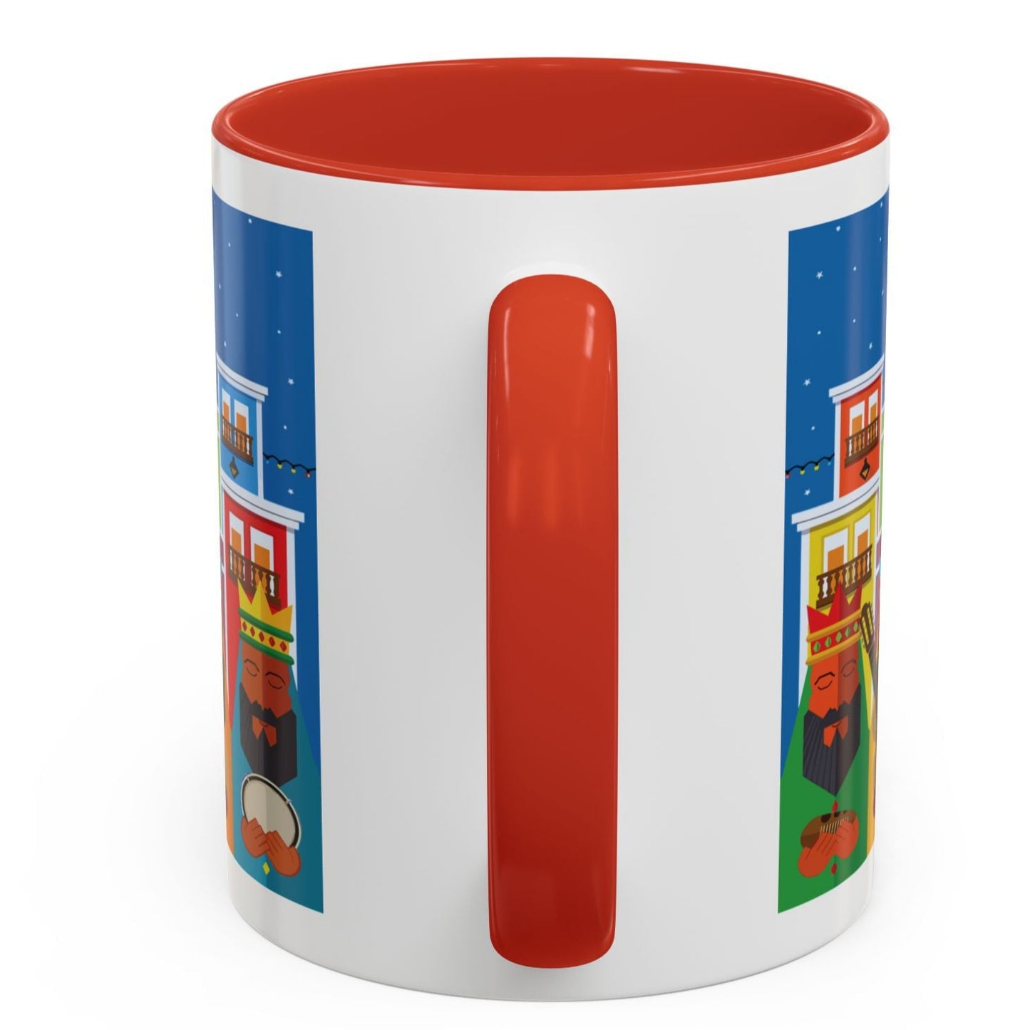 TAZA DE LOS TRES REYES MAGOS EN LA CIUDAD DE SAN JUAN PUERTO RICO. COLORIDA. ASA Y FONDO ROJO THREE KINGS MUGS.