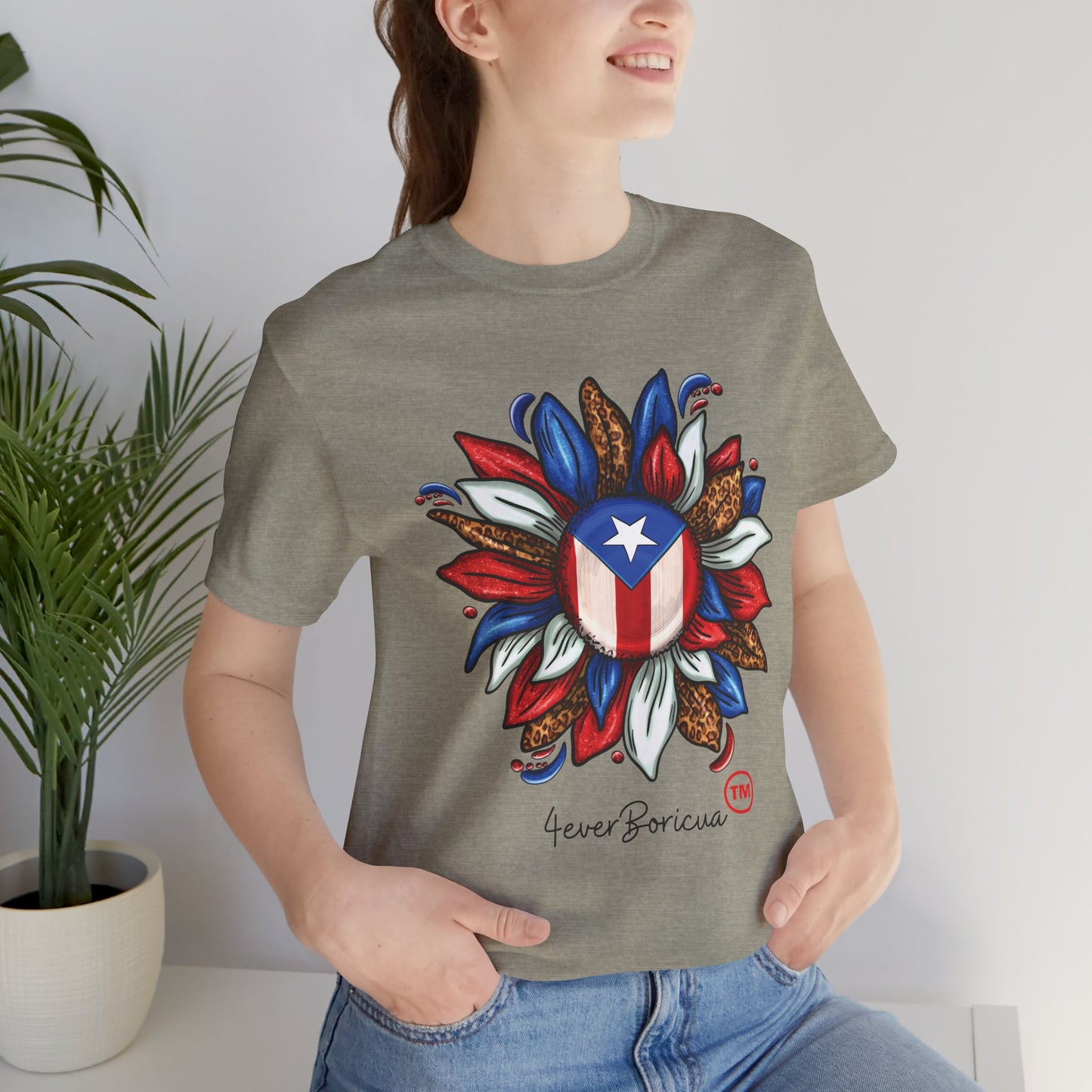 CAMISETA PR PUERTO RICAN BLOOMING FLAG T-SHIRT Heather Stone | 4EVERBORICUA