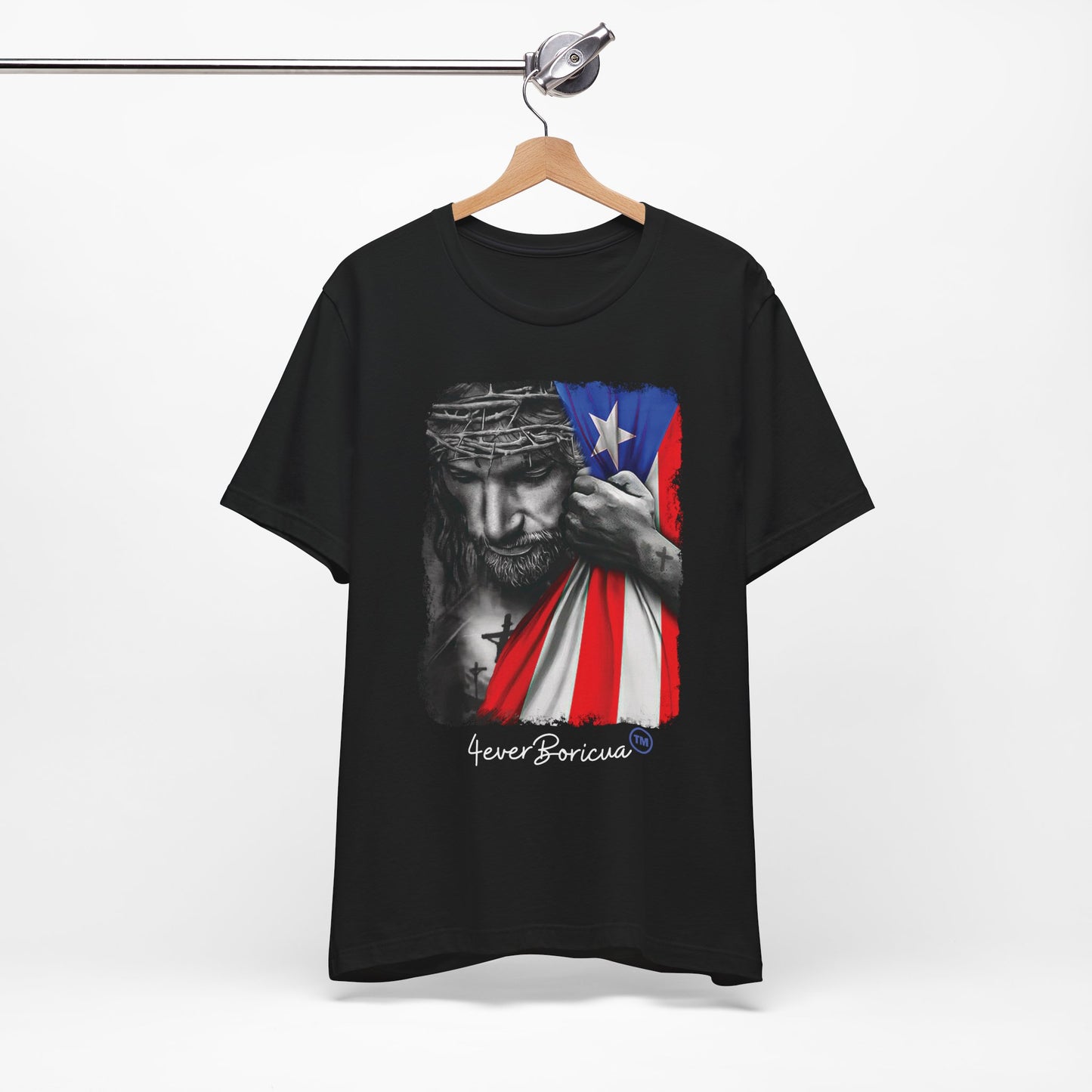 CAMISETAS PR UNISEX JESUS CON BANDERA BORICUA T-SHIRT | 4EVERBORICUA
