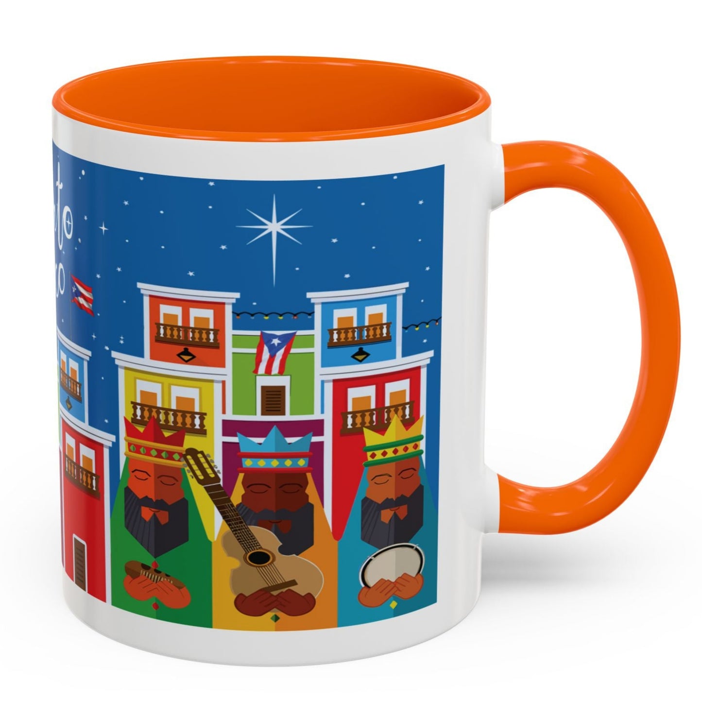 TAZA DE LOS TRES REYES MAGOS EN LA CIUDAD DE SAN JUAN PUERTO RICO. COLORIDA. ASA Y FONDO COLOR NARANJA (ORANGE). THREE KINGS MUGS.