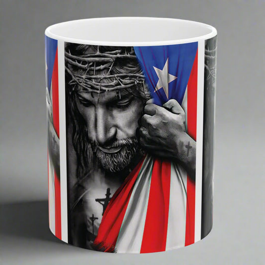 TAZA JESÚS con BANDERA BORICUA Jesus with PR Flag White | 4EVERBORICUA