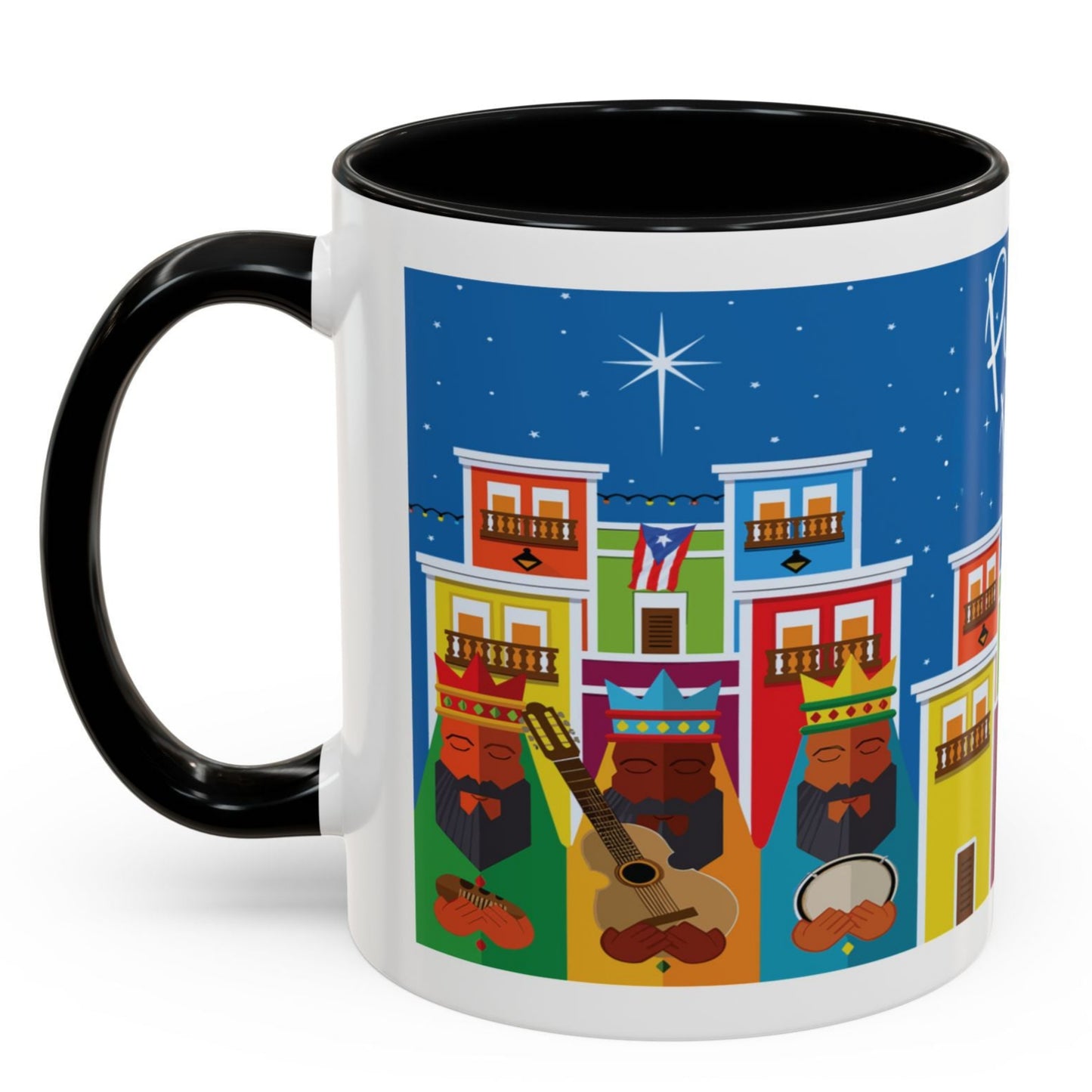 TAZA DE LOS TRES REYES MAGOS EN LA CIUDAD DE SAN JUAN PUERTO RICO. COLORIDA. ASA Y FONDO NEGRO. THREE KINGS MUGS.