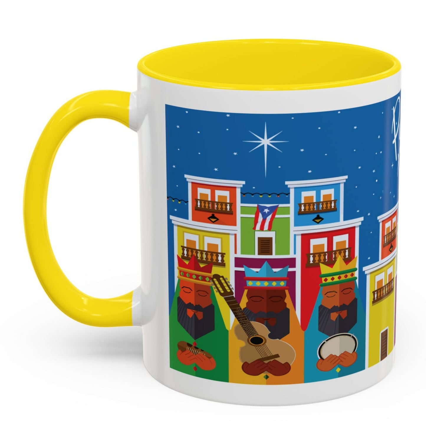 TAZA DE LOS TRES REYES MAGOS EN LA CIUDAD DE SAN JUAN PUERTO RICO. COLORIDA. ASA Y FONDO COLOR AMARILLO.THREE KINGS MUGS.